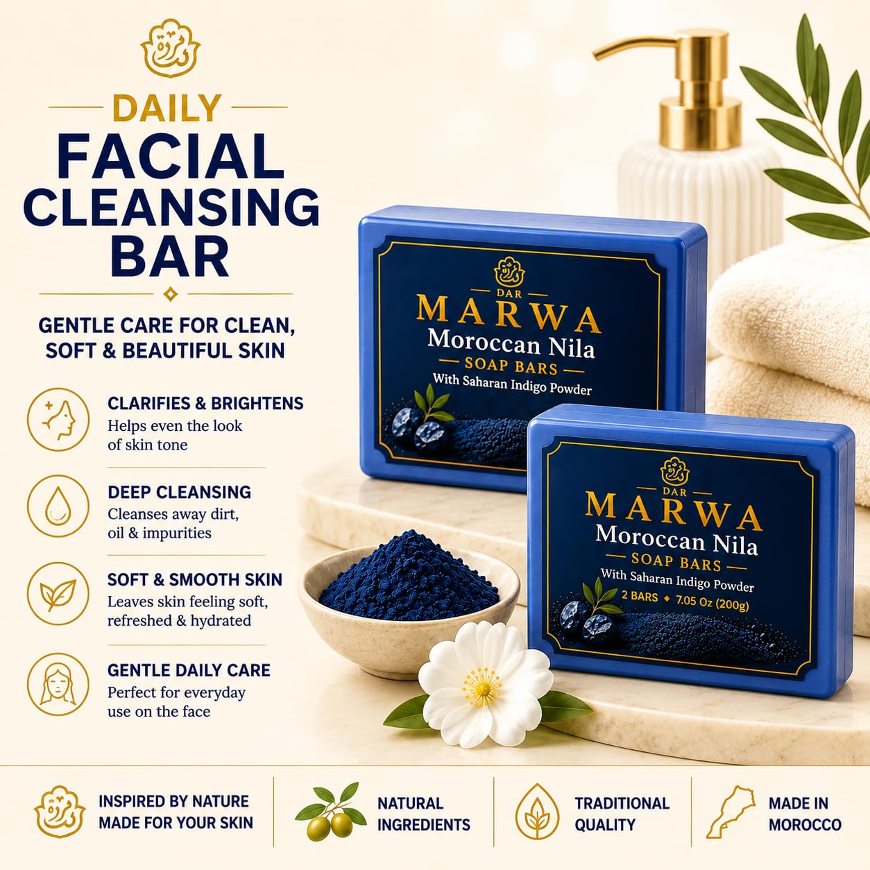 Moroccan Nila Facial Soap Bars, 2 x 3.5 oz, Saharan Indigo Powder image 2