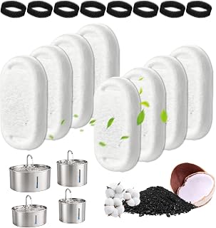 Cat Water Fountain Filter Replacement, 8 Pack Filters with 8 Pack Pre-Filter Sponges for 67oz/2L, 101oz/3L, 108oz/3.2L and 135oz/4L Stainless Steel Pet Fountain
