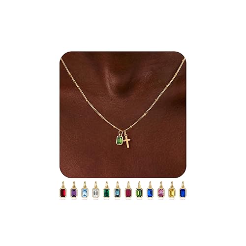 Turandoss Birthstone Cross Necklaces for Women – 14K Gold Plated