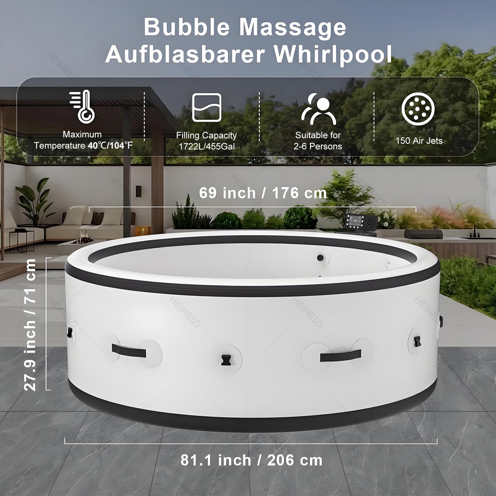 Vasca Idromassaggio Gonfiabile per 4-6 Persone, ø 206 Cm, 2500 W, Piscina Spa Portatile Rotonda per Adulti, A Prova Di Perdite, Con Copertura Isolante, Pompa Di Riscaldamento per Interni Ed Esterni