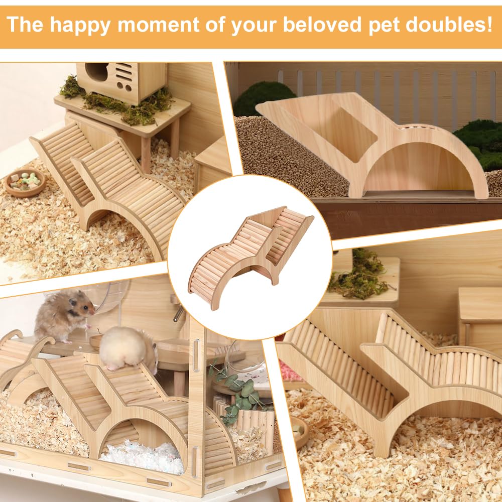 Casa para Hamster de Madera Natural Multicámara, Casa de Madera Puente Hamster, Juguete de Madera 34.5x10x15 cm para Enriquecimiento Ambiental de Hámsters, Ratones, Chinchillas y Jerbos