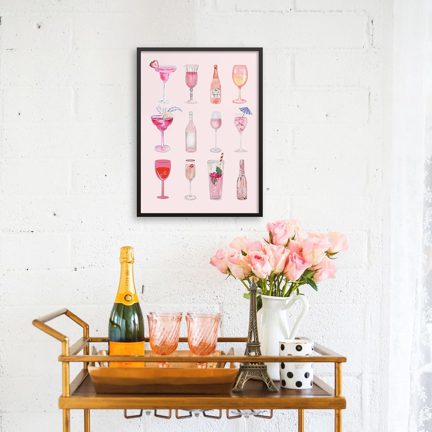 Coquette Trendy Pink Cocktail Poster Vintage Champagne Wine Bottle Wall Art 24X36 inch Black Framed Watercolor Canvas Prints for Living Room Bar Cart Wall Decor