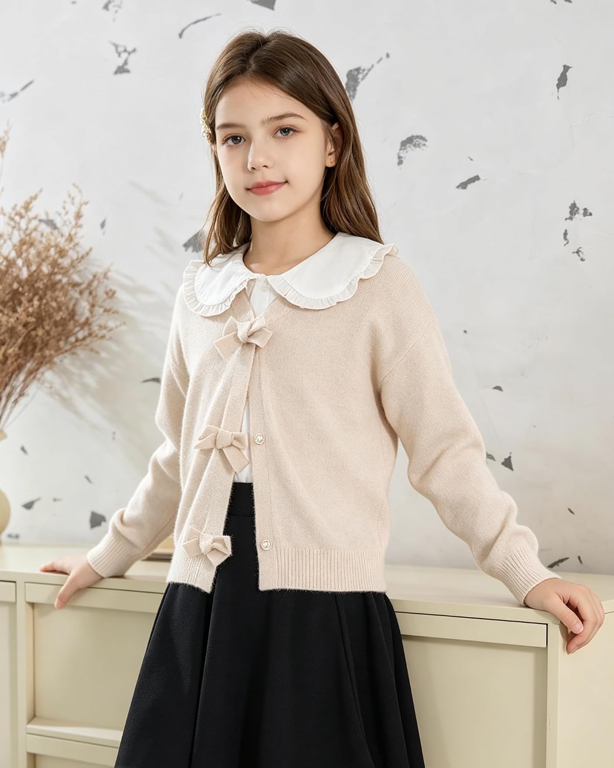 Girls Cardigan Sweater School Uniform Knit Bowknot Sweater Tops image 5