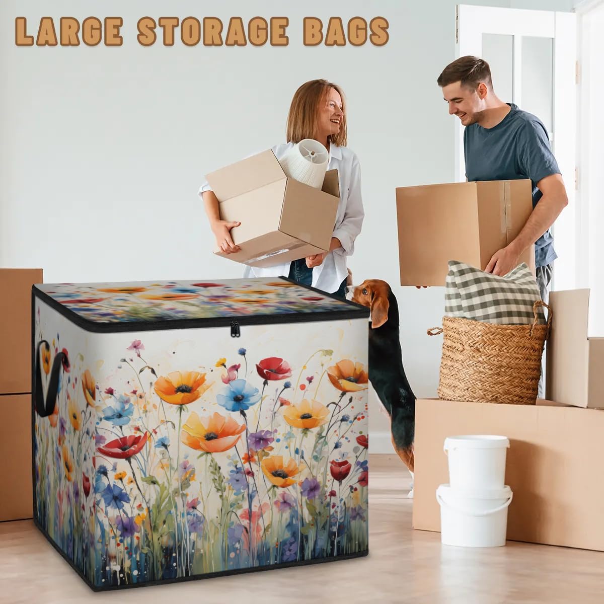 Honeybaby 214L Extra Large Comforter Storage Bag Watercolor Poppy Flowers Storage Totes with Lids Waterproof Closet Organizer Folding Blanket Storage Bags for Clothes Bedding Pillows