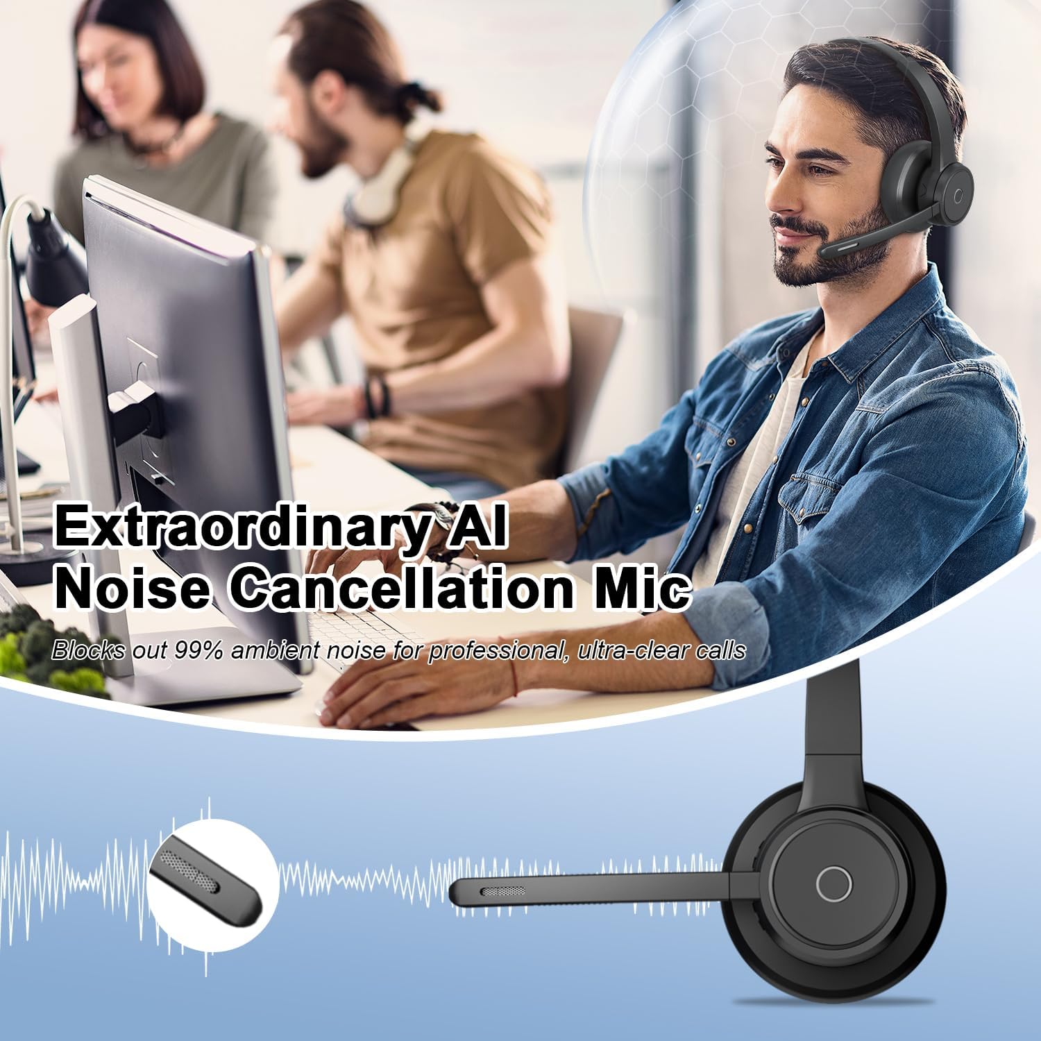 Wireless Headset with Mic for Work, V5.3 Bluetooth Headset with Noise Cancelling Microphone - Charging Base, USB Dongle, Mute Mic, Stable Connection for Computer PC Office Home Call Center