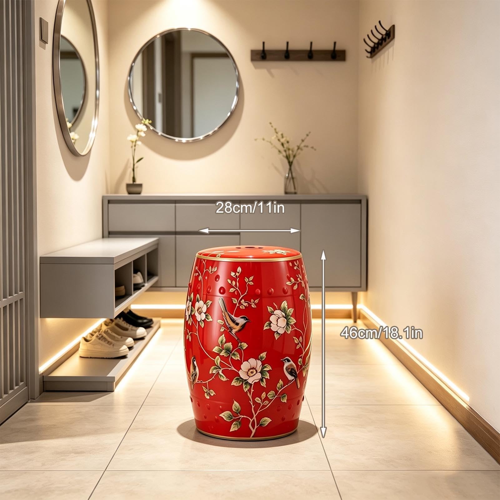Ceramiczny Stołek Ogrodowy, Ręcznie Malowany Dekoracyjny Stół Akcentujący Bęben Do Użytku Wewnątrz I Na Zewnątrz, Malowana Glazura, Stolik Boczny Na Patio, Salon, Sypialnia, Balkon(Red)
