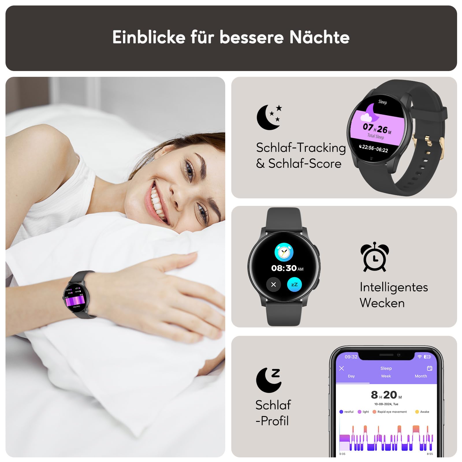 AcclaFit Smartwatch Damen Herren, 1.38 Zoll HD-Display Smart Watch mit Bluetooth Anrufe, Fitness Tracker mit Herzfrequenz SpO2 Schlafmonitor Schrittzähler, IP68 Wasserdicht Fitnessuhr für iOS Black