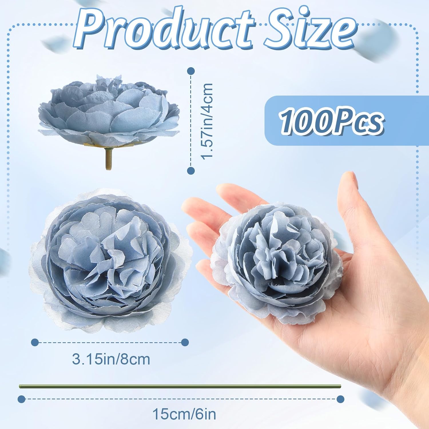100 Pcs Flowers Long Stem Artificial Rose, 3.2 Inches Silk Rose Head Flowers Fake for Wedding Bridal Bouquet Independence Day Home Floral DIY Centerpieces Party Decoration (Dusty Blue) - Image 2