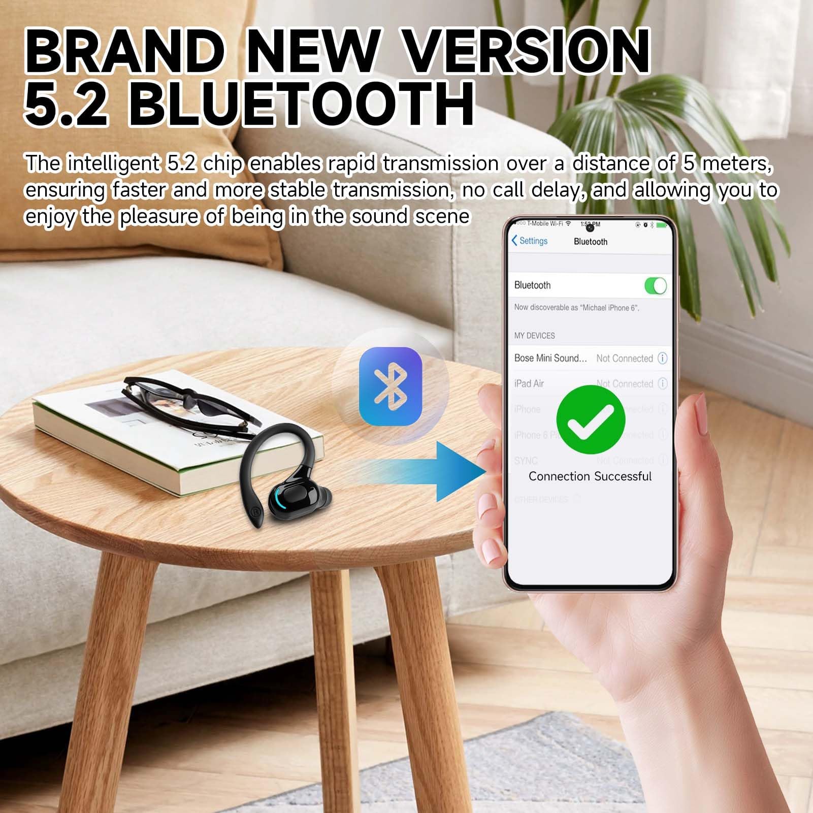 Auricolare Bluetooth Mono V5.2 Cuffie Vivavoce con Microfono Design 360° sopra l'Orecchio Pinganello Bluetooth Mobile Compatibile con Phone, Android e PC