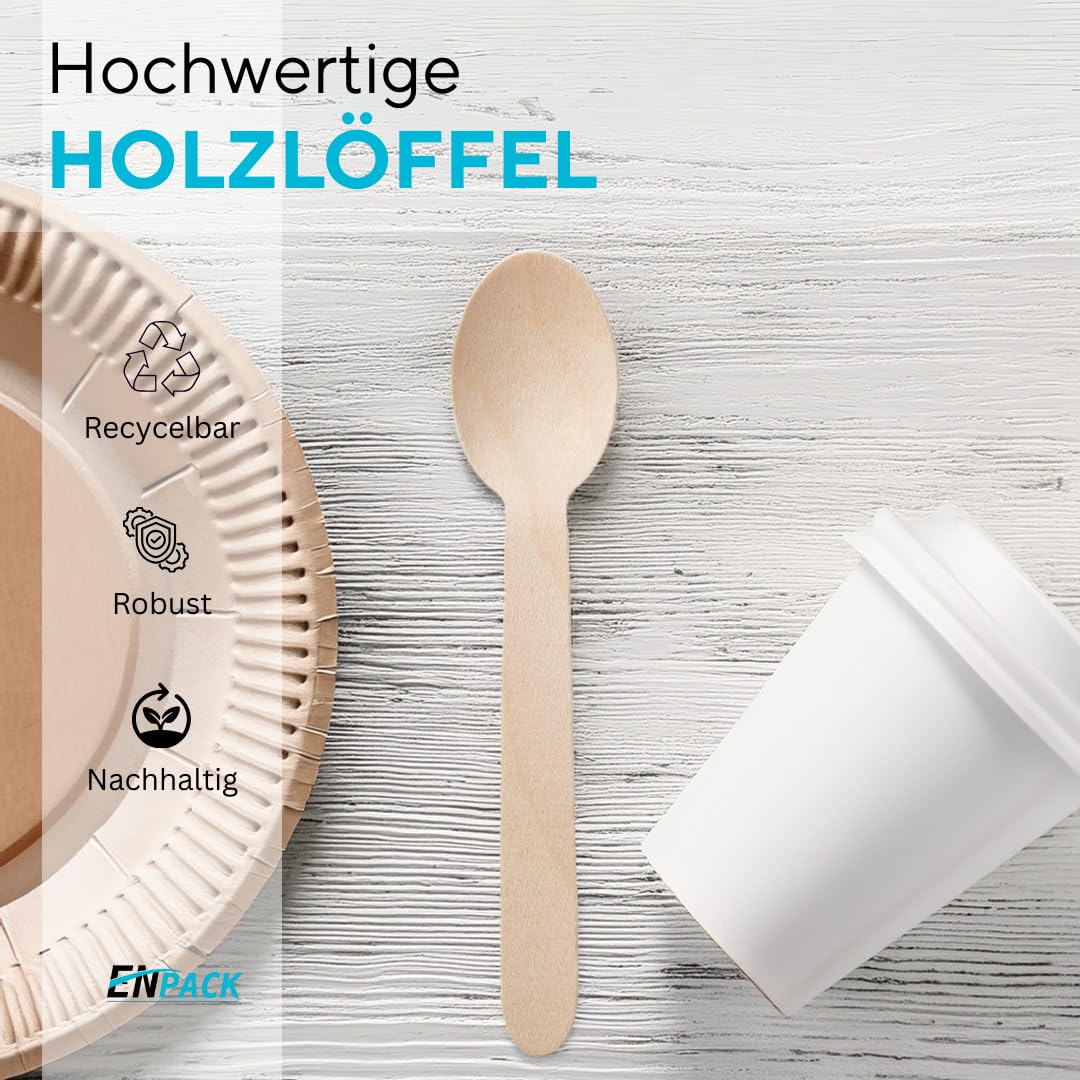 Enpack Holzlöffel 1000 Stück - Einwegbesteck Löffel 160mm - 100% umweltfreundliches Holzbesteck Einweg - Nachhaltige Einweg Löffel - Suppenlöffel Eislöffel Esslöffel Einmalbesteck - wooden spoon