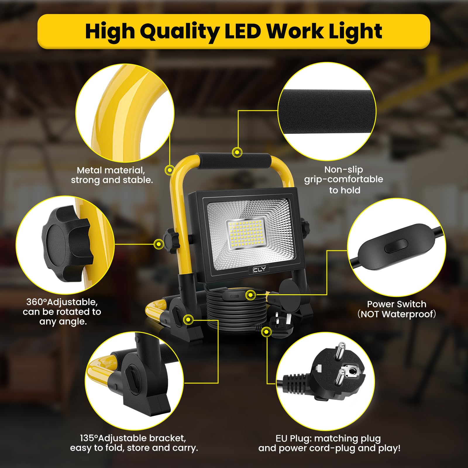 CLY Lampe Chantier 60W 5200LM Projecteur Chantier Led 6500K IP66 Câble 5M | Baladeuse Led Portable Lampe LED Portable Lampe de Travail Lanterne avec Rotation à 180° pour Atelier Garage Bricolage