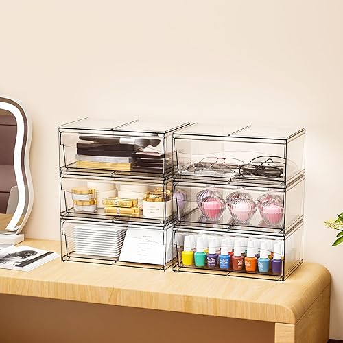 Miniatura 2 de Paquete de 6 cajones de almacenamiento apilables transparentes, organizador de maquillaje de baño grande de 12 pulgadas de ancho y bolígrafo, lentes