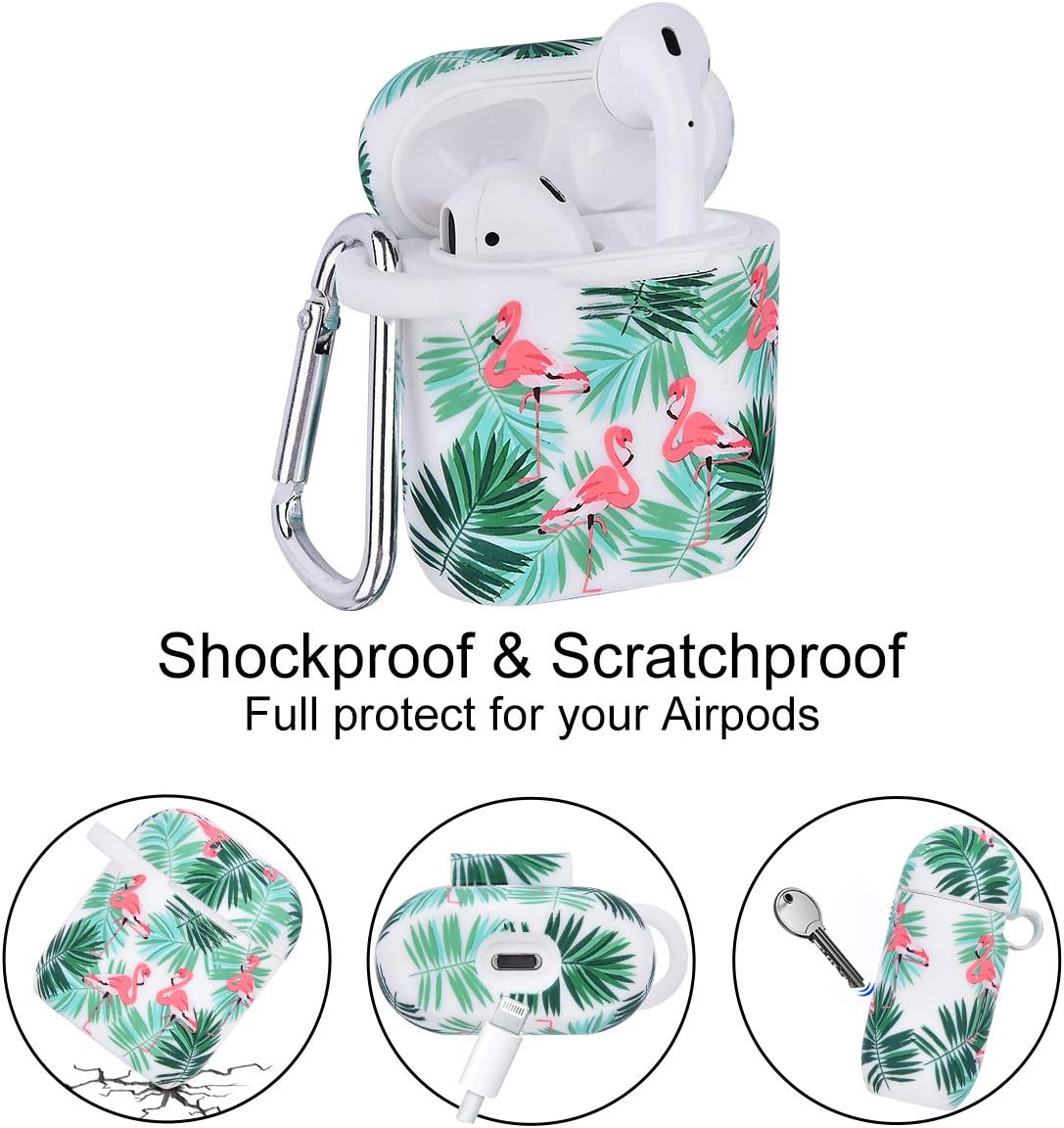 Airpods Case - Airspo 7 in 1 Airpods Accessories Set Compatible with Airpods 1 & 2 Protective Silicone Cover Floral Print Cute Case (Flamingo)