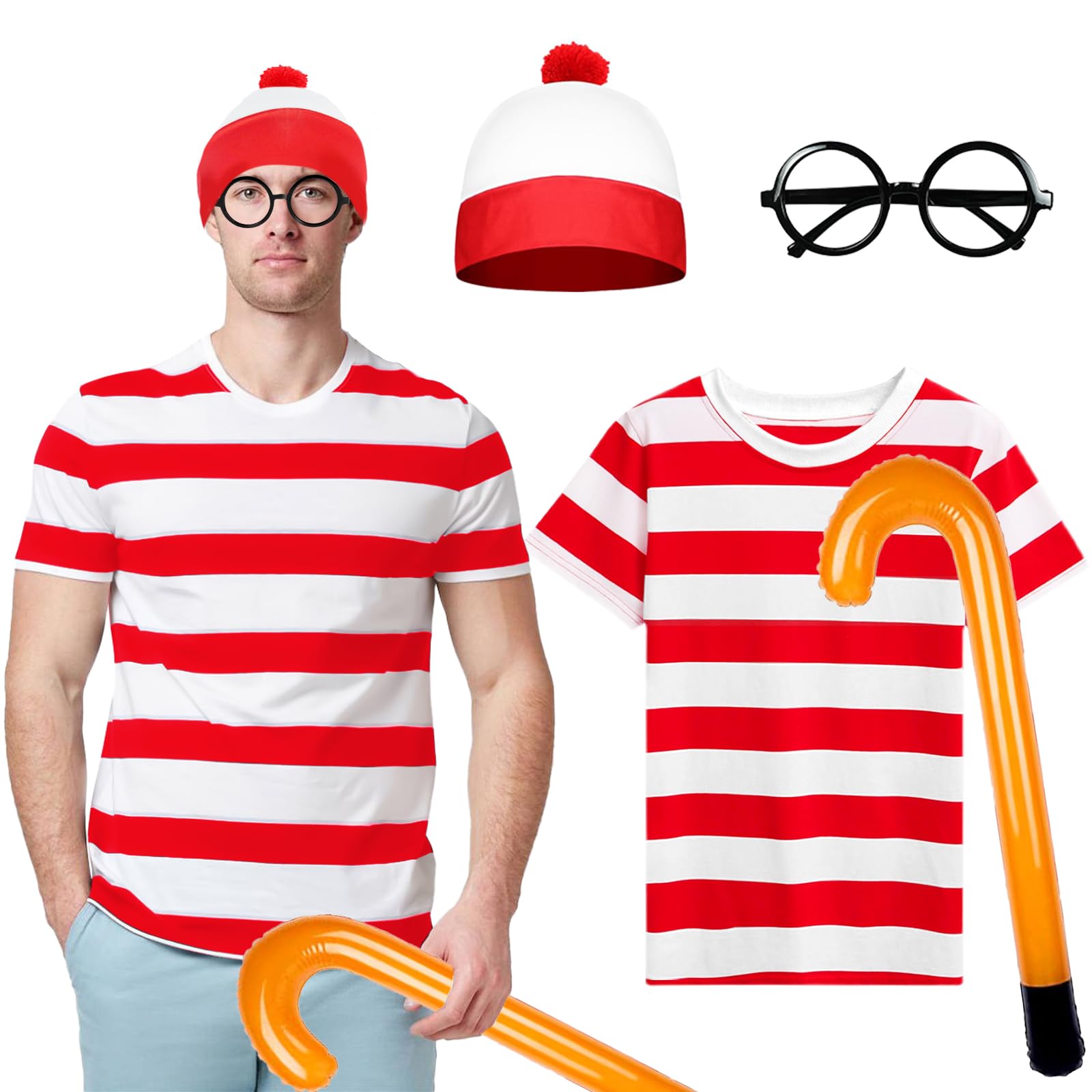 4PCS Men's Wally Costume Set, Cosplay Accessories Set with Red/White T-Shirt Bobble Hat Frameless Glasses Inflatable Crutches Party Costume Outfit for World Book Day Halloween