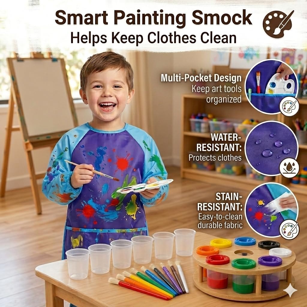 9 Pcs No Spill Paint Cups with Lids for Kids, Spill Proof Paint Cups with Rotating Holder, Paint Brush, Kids Art Smock Included, Painting Supplies for Classroom, Preschool