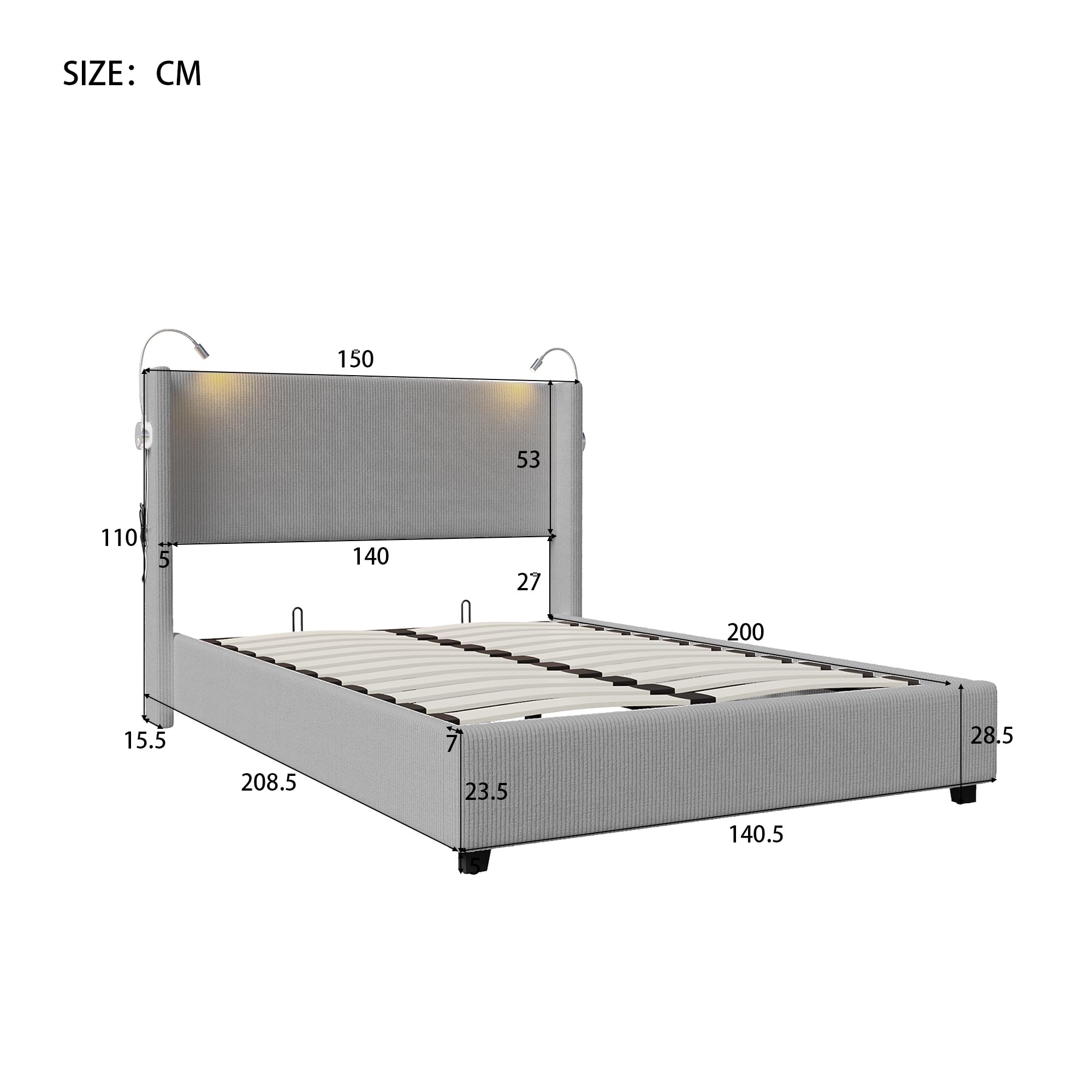 Letto Imbottito 90x200 Cm Con LED E Contenitore - Testiera Regolabile, Velluto Beige