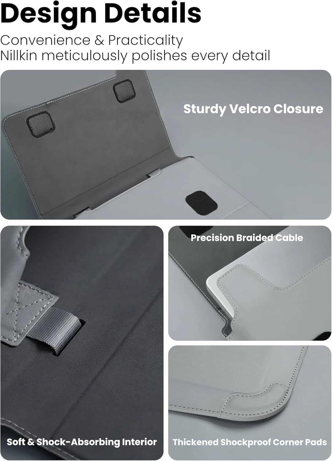 Nillkin Upgraded 13-14 Inch Laptop Sleeve Case for MacBook/Dell/HP/Lenovo/Asus, Unique Slim Travel Computer Bag with Adjustable Stand & Mouse Pad, Magnetic Handle, PU Leather, Gray - Image 9