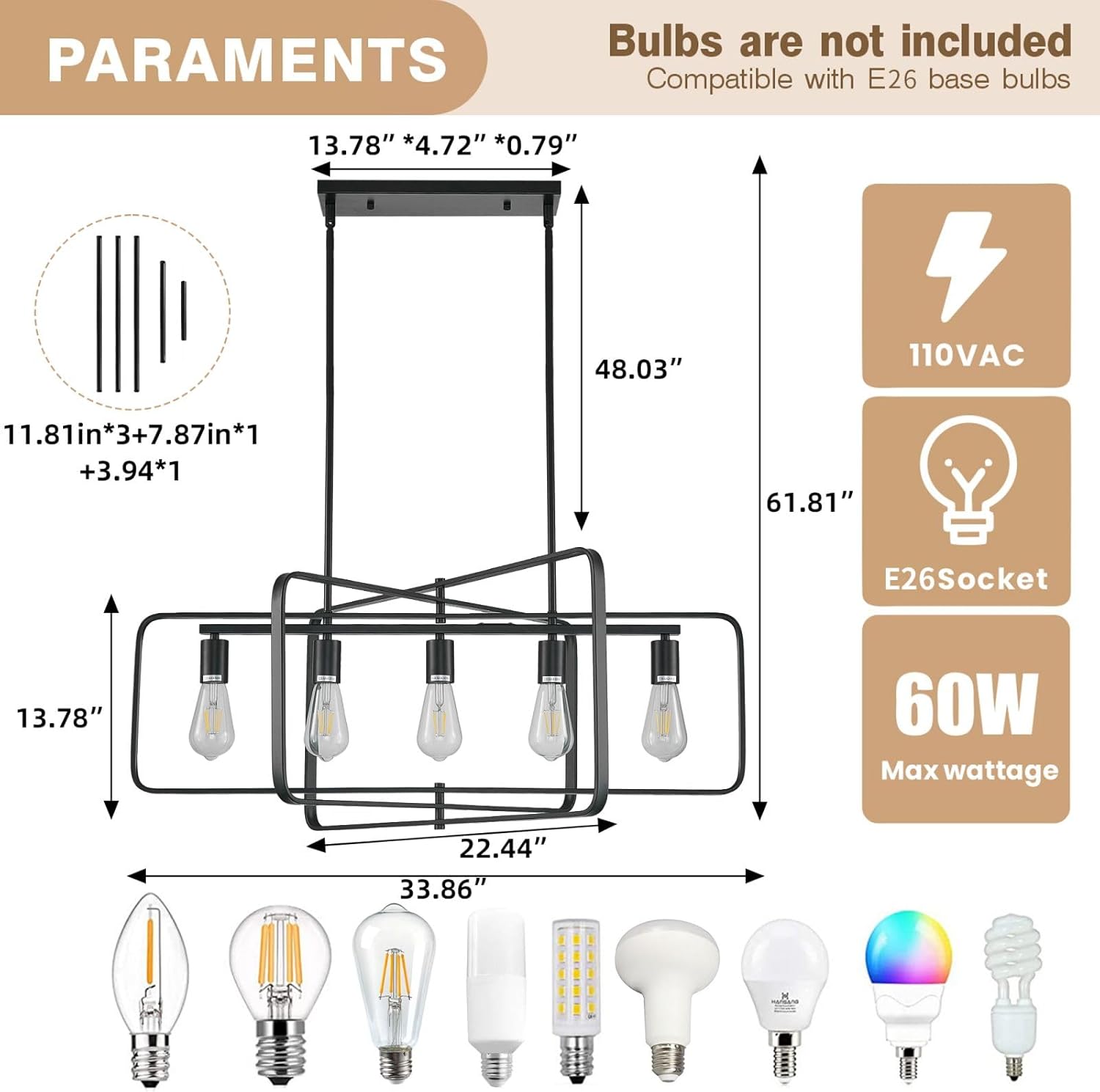 Dining Room Light Fixture/Chandelier Over Table,5-Light Kitchen Island Lighting Hanging for Farmhouse Linear Chandeliers Matte Black Rectangle Rustic Ceiling Pendant Light Fixtures, Height Adjustable