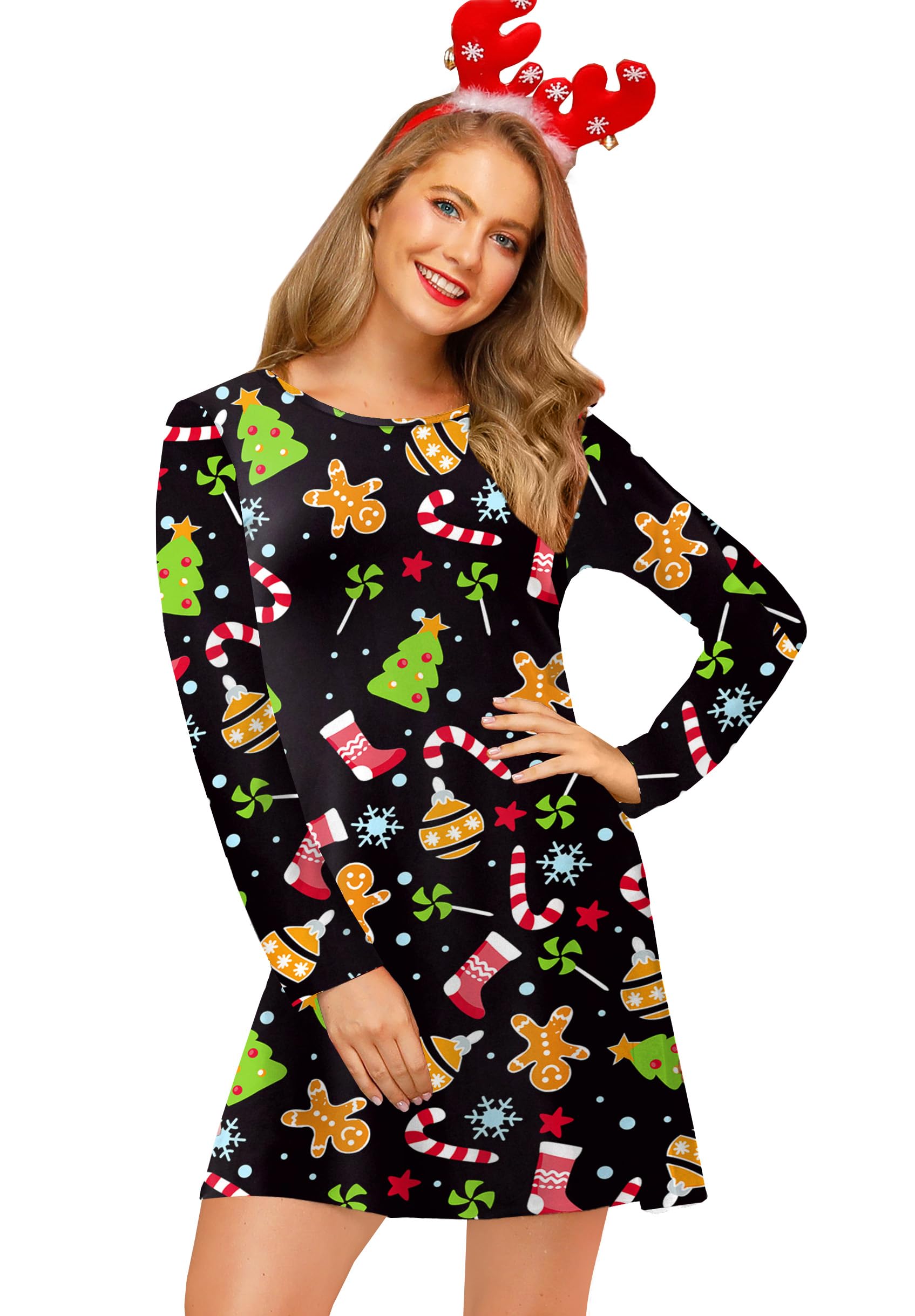 For G and PL Women's Christmas Printed Tunic Dress Long Sleeve Crewneck Casual Costume