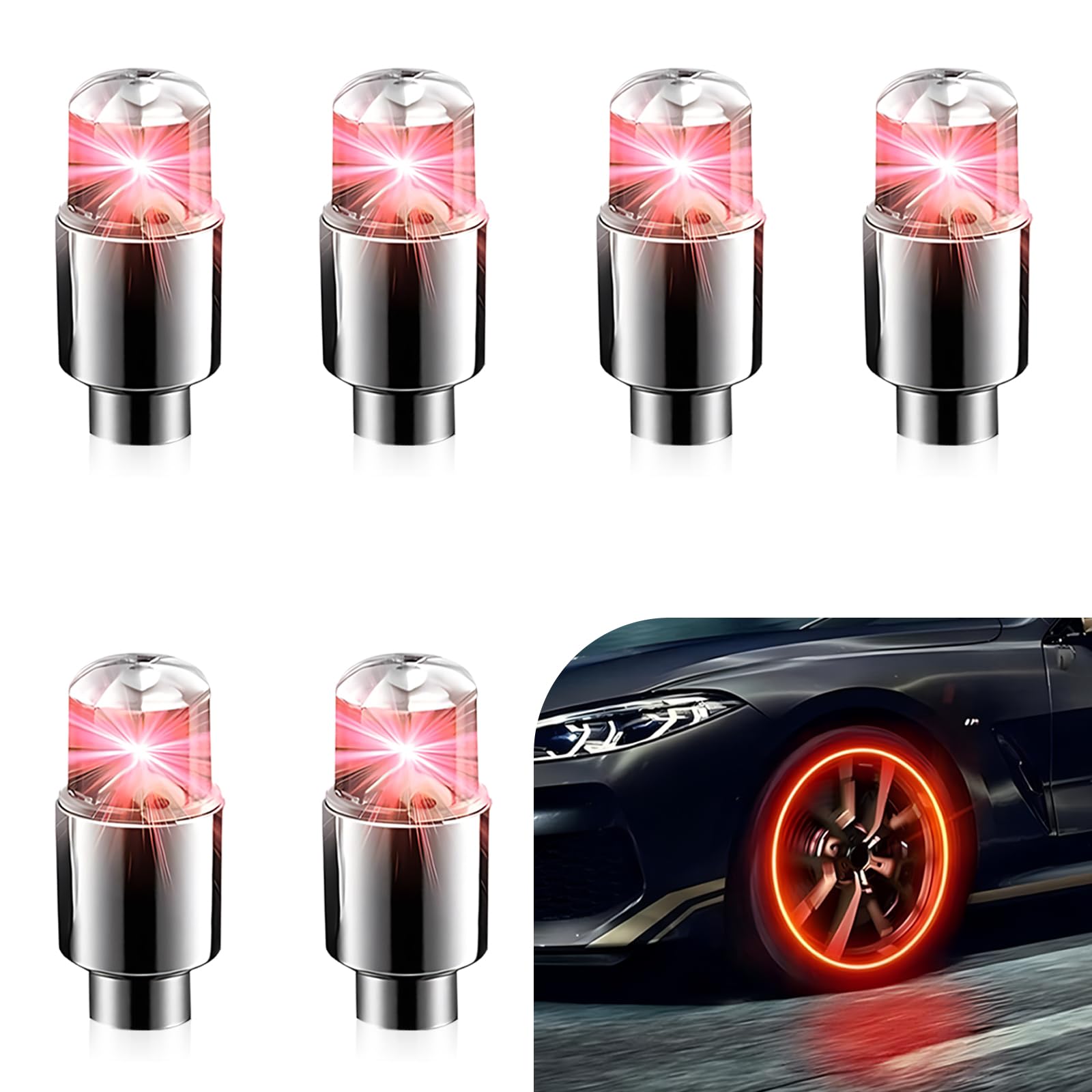 6 PCS Tire Valve Stem Lights, Waterproof &amp; Leakproof Vibration-sensing Luminous Air Caps Cover, for Vehicle Decoration And Night Visibility, Universal for Cars Bikes Motorcycles (Red)