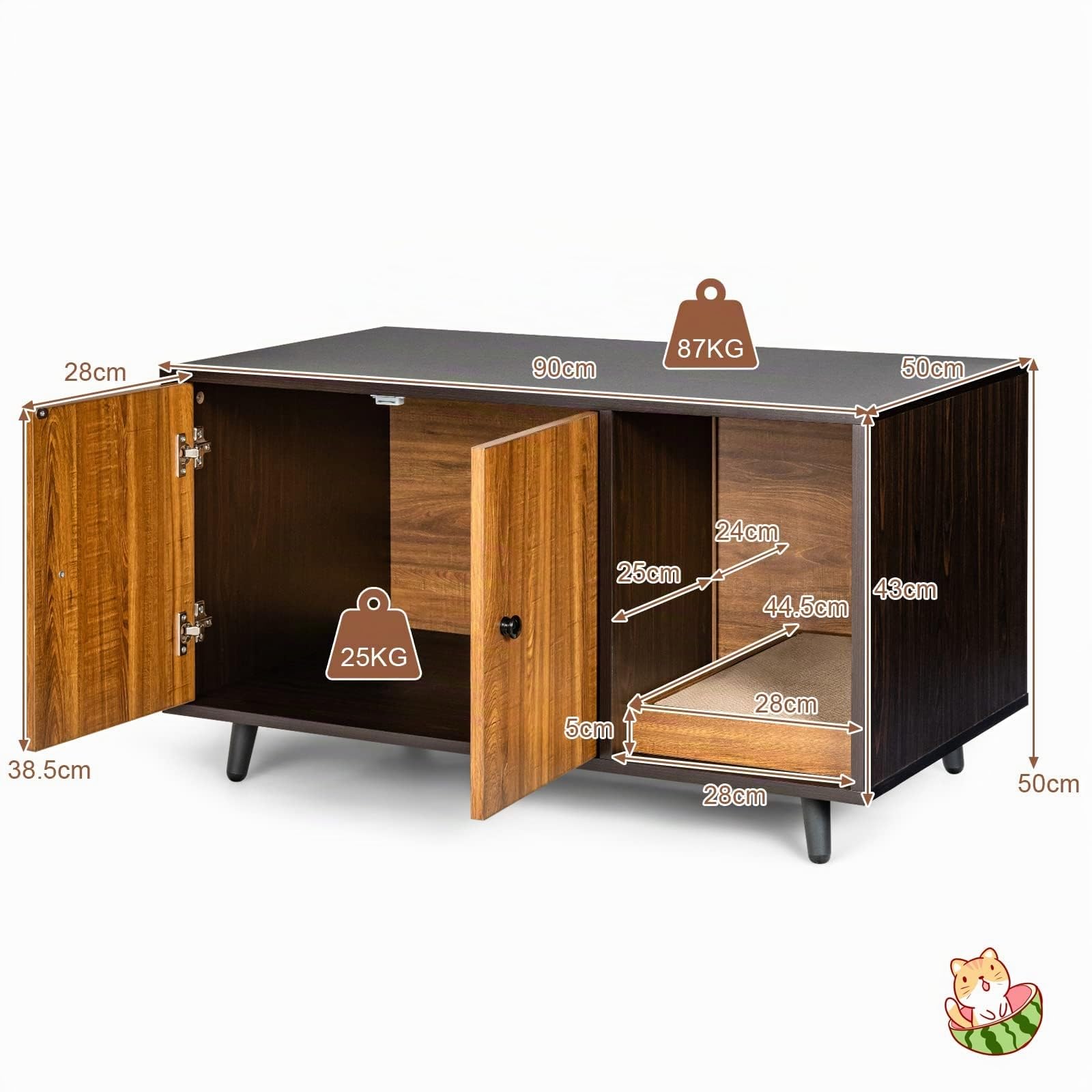 FANTASK 2 in 1 Seitenkatzenhaus, Tisch und Katzenschrank mit 2 Türen, Couchtisch & Katzenklo aus Holz, Katzenhöhle mit wasserdichtem Design, Gute Luftzirkulation, 90x50x50cm (braun)