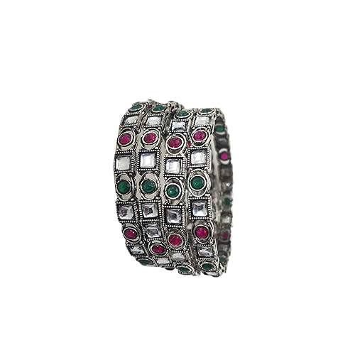 Black Antique Oxidised Bangles Maroon Green Stones set of 4 for Women and Girls