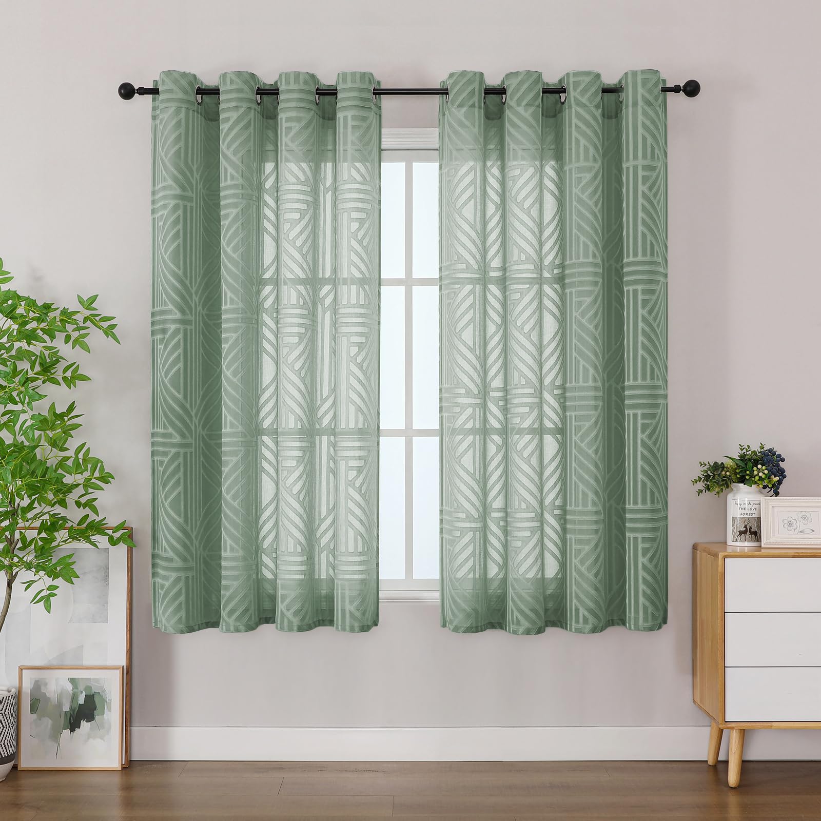 Simplebrand Semi Sheer Sage Green Curtains 140x137cm 2 Panels, Geometric Jacquard Clip Textured Short Sheer Curtains for Bedroom，Eyelet Modern Elegant Window Panels/Drapes/Treatment — image 1