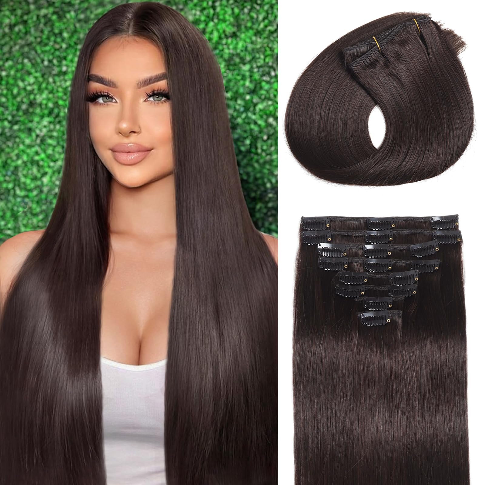 Clip-In Human Hair Extensions, 100% Remy Seamless Double-Weft Set