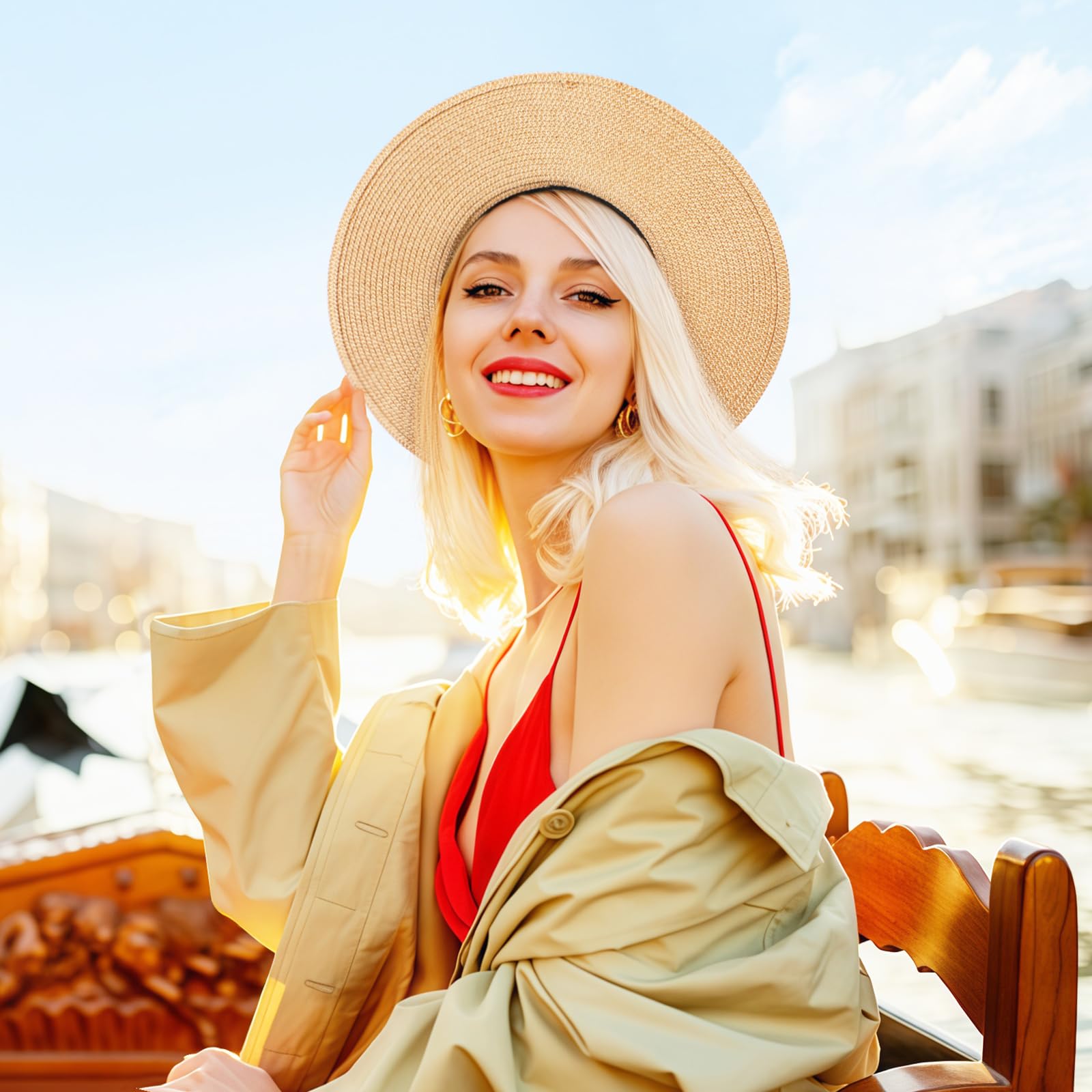 Beach Sun Hats for Women - Wide Brim Straw Womens Summer Hat with Wind Lanyard Roll Up, Foldable Beach Hat UV Protection