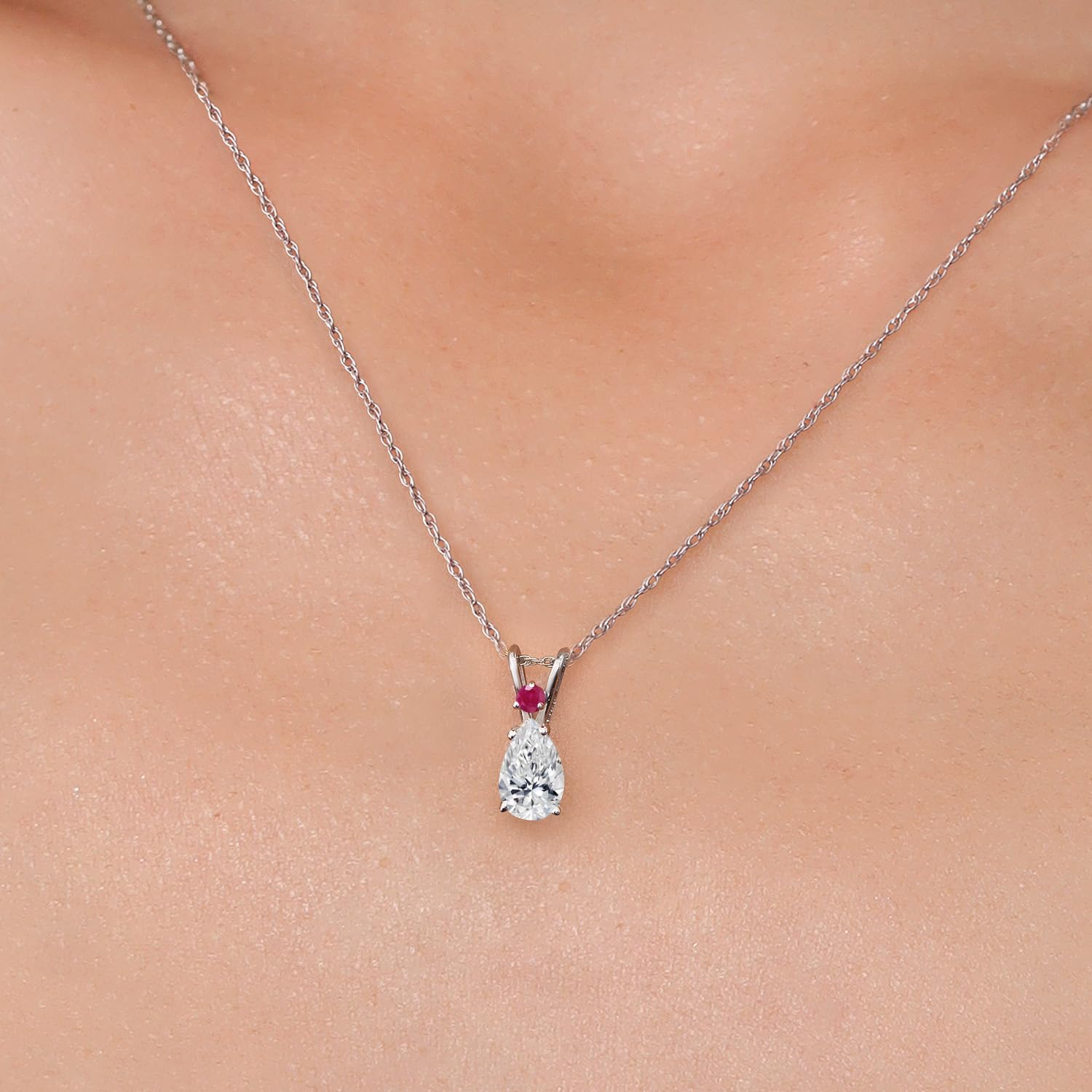 Gem Stone King 14K White Gold DEF Lab Grown Diamond and Red Ruby Pendant Necklace for Women | 0.77 Cttw | Gemstone April Birthstone | Pear Shape 8X5MM | With 18 Inch Chain - Image 3