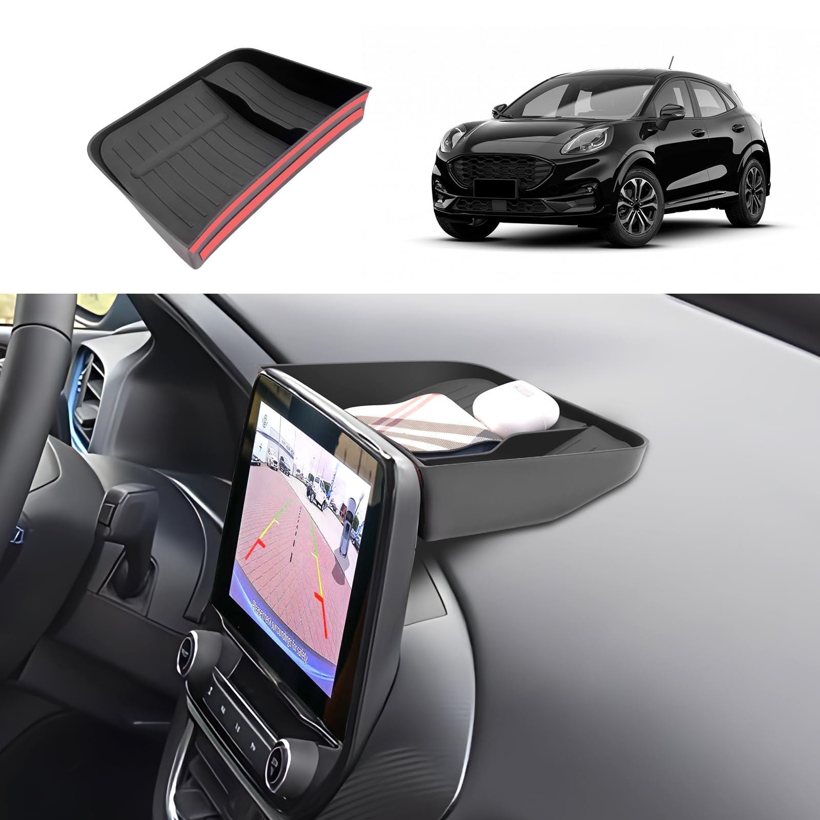 Vano Portaoggetti del Cruscotto Centrale Compatibile con Ford Puma 2020-2025, Console Centrale Portaoggetti, Ford Puma Organizer per Console Centrale con Tappetino Antiscivolo (Nero)