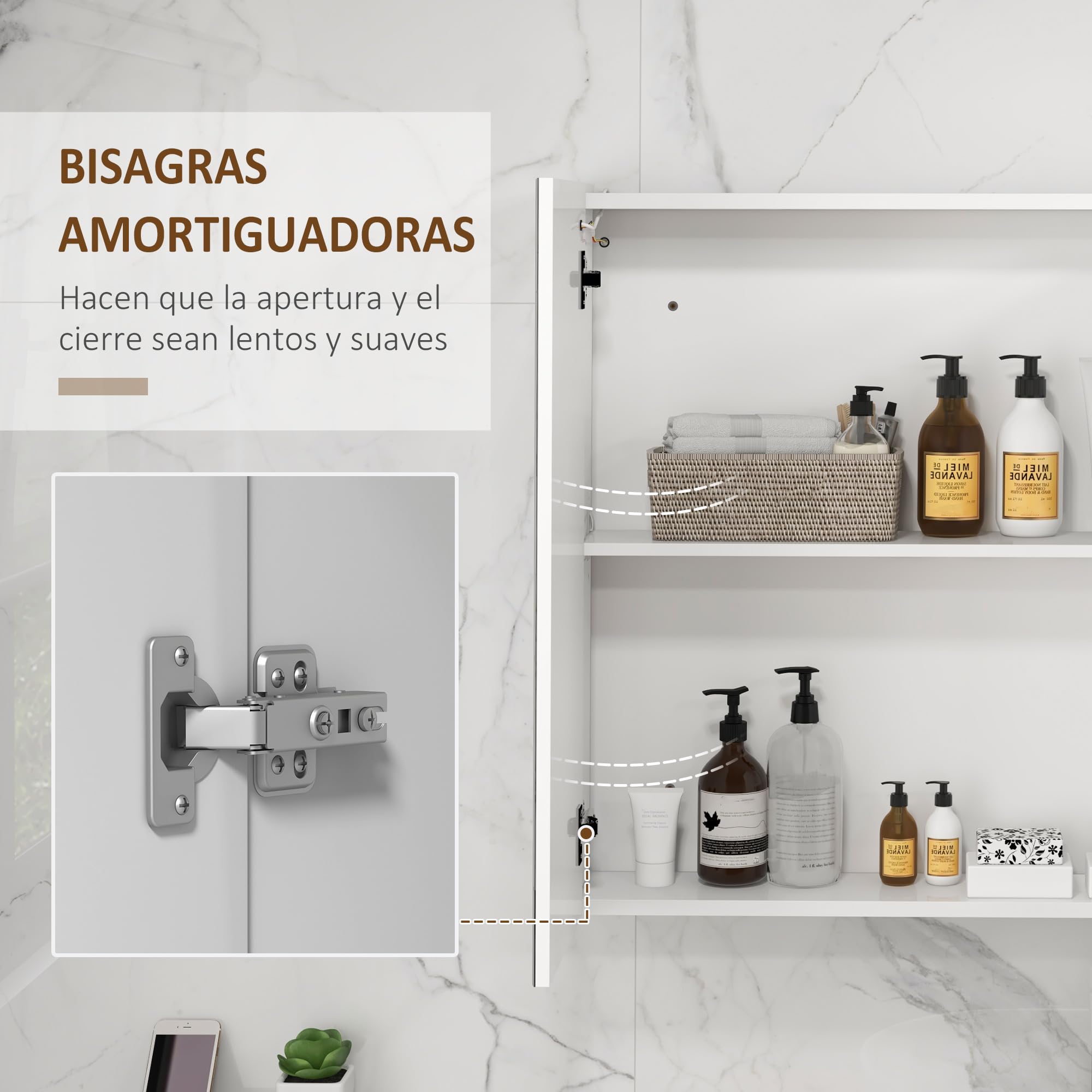 kleankin Armario con Espejo de Baño LED 90x15x70 cm Blanco Brillante | Mueble de Pared Colgante, 3 Puertas, Estantes Ajustables, Interruptor Táctil y USB