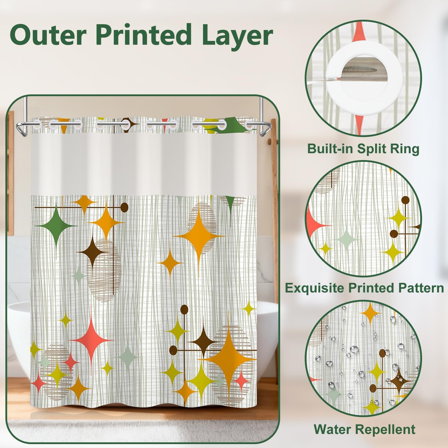 Mid Century Shower Curtain with Snap in Liner, Waterproof Washable Fabric No Hook Shower Curtain with Mesh Top Window, Retro Stars Abstract Geometric Vintage Boho Colorful Bath Curtains, 71x74 Inch