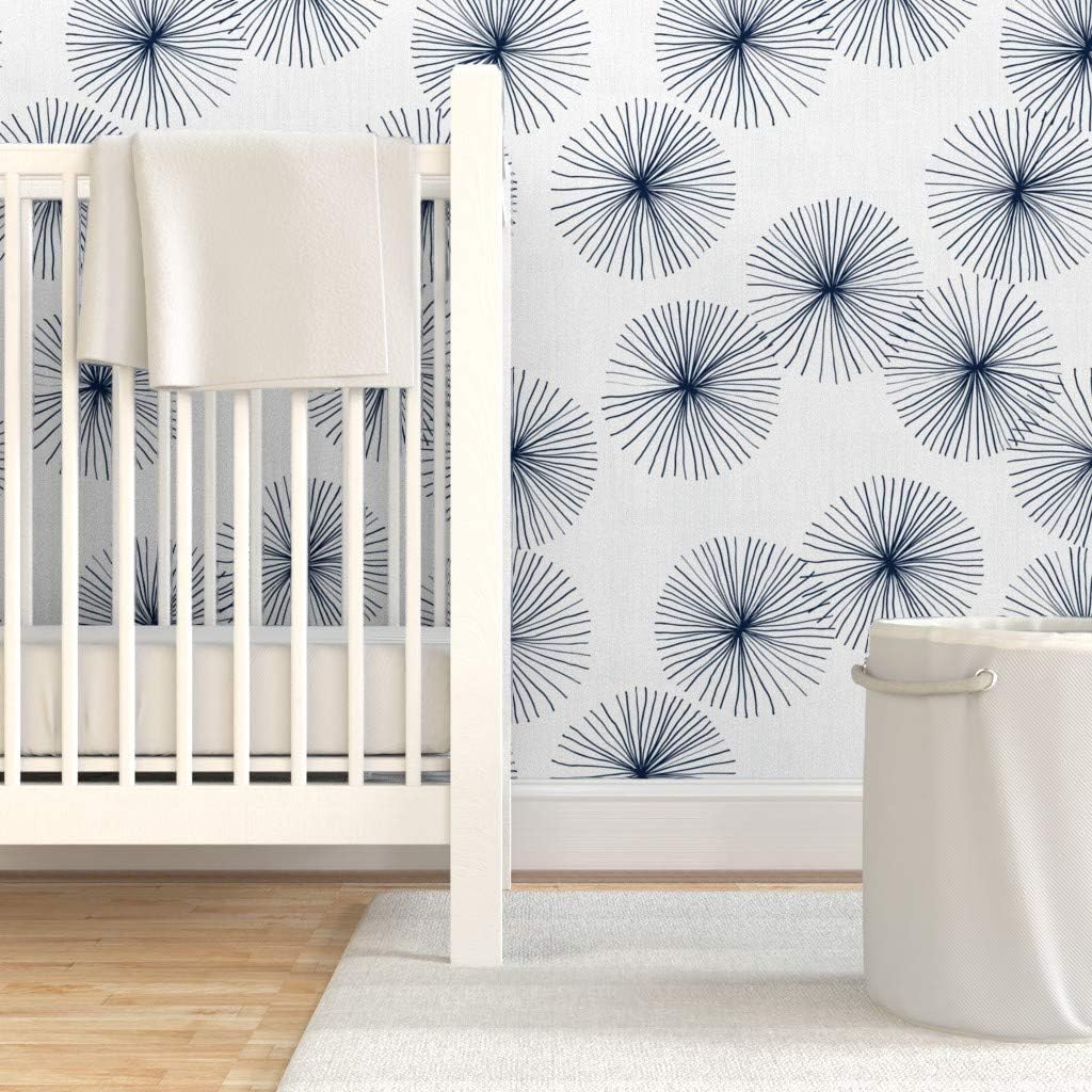 Removable Wallpaper 3ft x 2ft - Mid Century Midcentury Modern Dandelions White Navy Circle Minimalist Mod Neutral Custom Pre-Pasted Wallpaper by Spoonflower