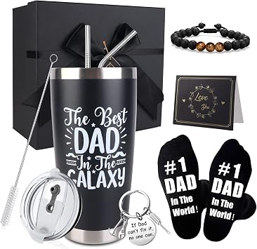 Dad Gifts, 8PCS Fathers Day Gift Includes 20oz Tumbler with Lid Straw Brush Socks Bracelet Key Chain Thanks Card Gift Box, Best Dad Ever Gifts from Daughter Son Kids for Christmas Birthday