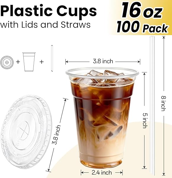 100 Pack 16 oz Plastic Cups with Lids and Straws, Clear Disposable Plastic Cups, Heavy Duty Iced Coffee Cups with Leak-Resistant Lids, Cold Drink Cups for Smoothies, Juice, Soda & Party To Go - 2