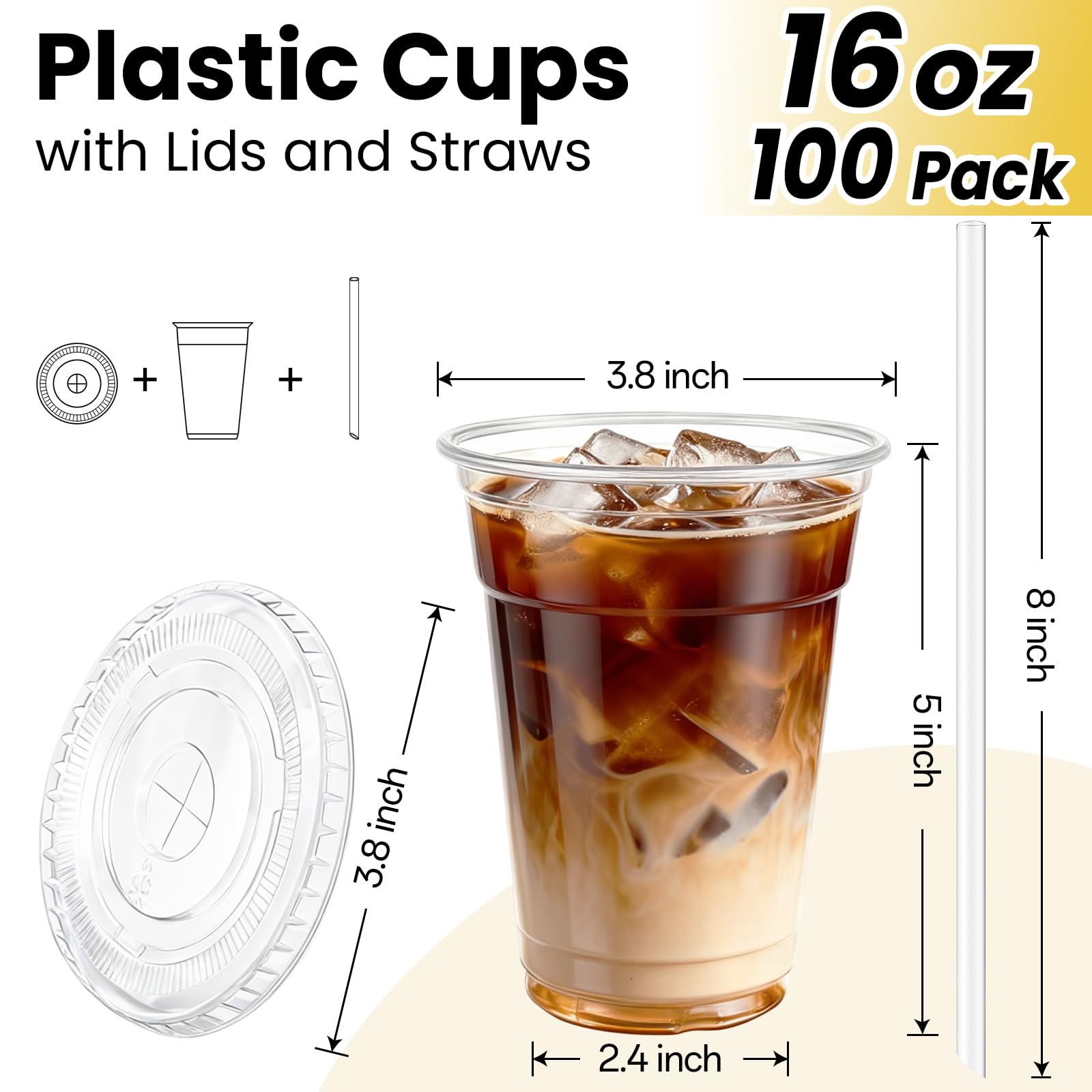 100 Pack 16 oz Plastic Cups with Lids and Straws, Clear Disposable Plastic Cups, Heavy Duty Iced Coffee Cups with Leak-Resistant Lids, Cold Drink Cups for Smoothies, Juice, Soda & Party To Go - 3