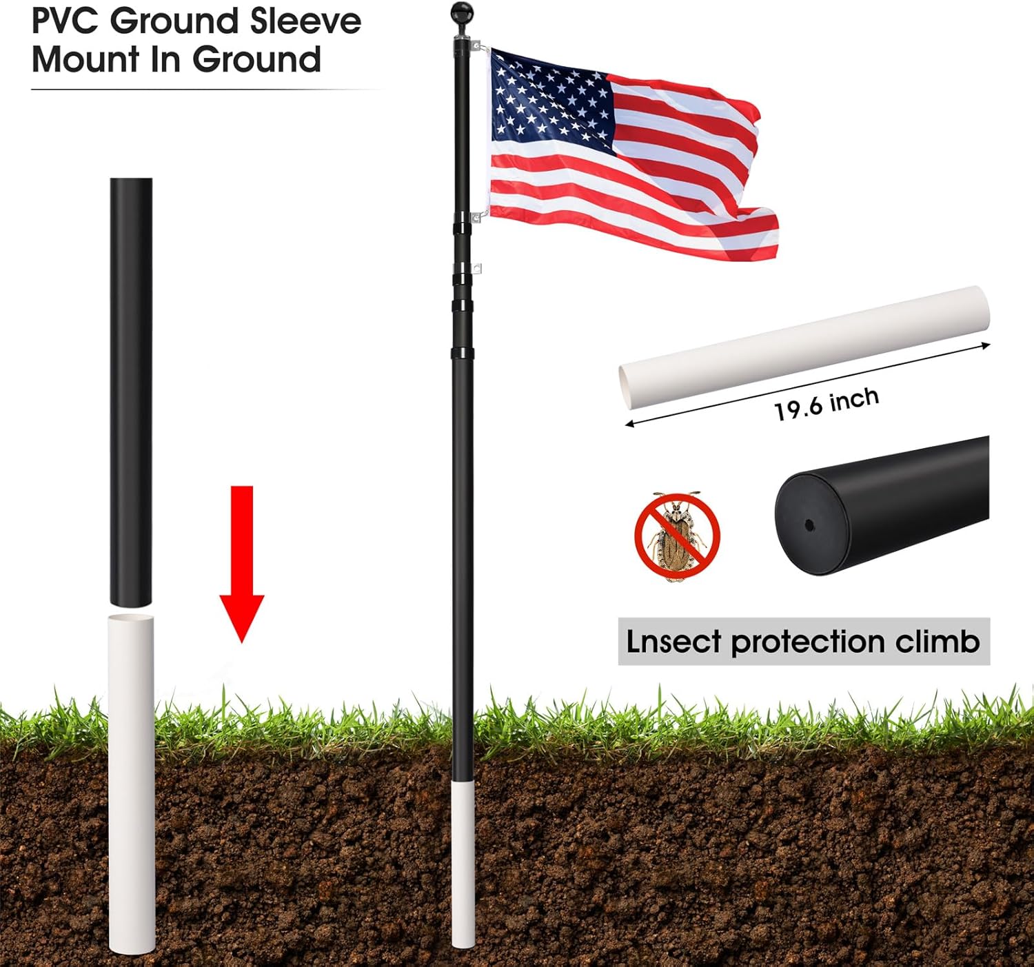 25FT Telescoping Flag Pole Kit, 14 Gauge Heavy Duty In Ground Telescopic Flag Poles with 3x5 American Flag, Outdoor Old Glory Flagpole Kits for Outside, Yard, Residential or Commercial