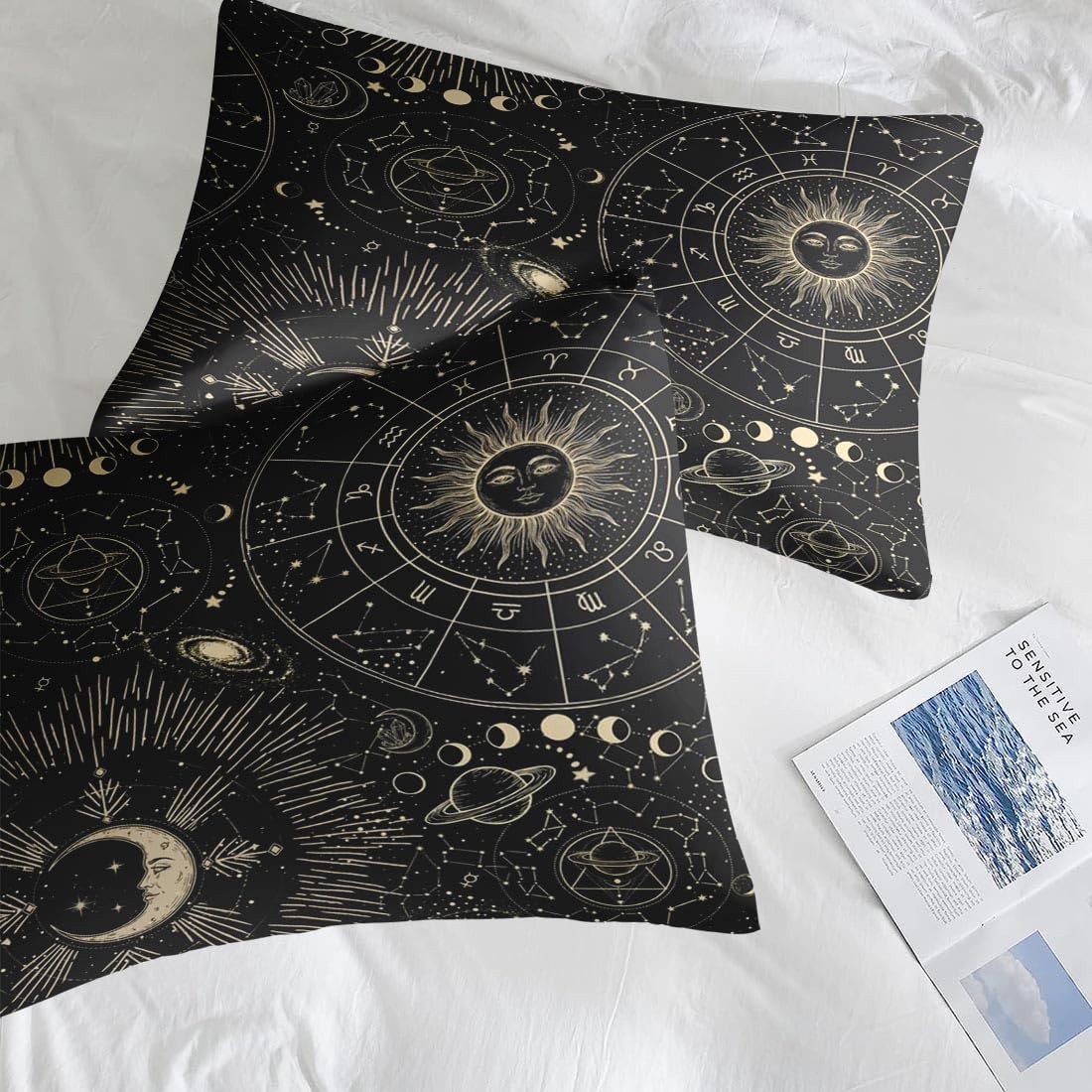 Comforter Set Full Size, Sun Moon Astrology 7 Pcs Bedding for Kids and Adults, Space Science Galaxy Retro Bed Sheet Sets with Fitted Sheet 2 Pillowcases & 2 Shams for Bedroom Bed Decor