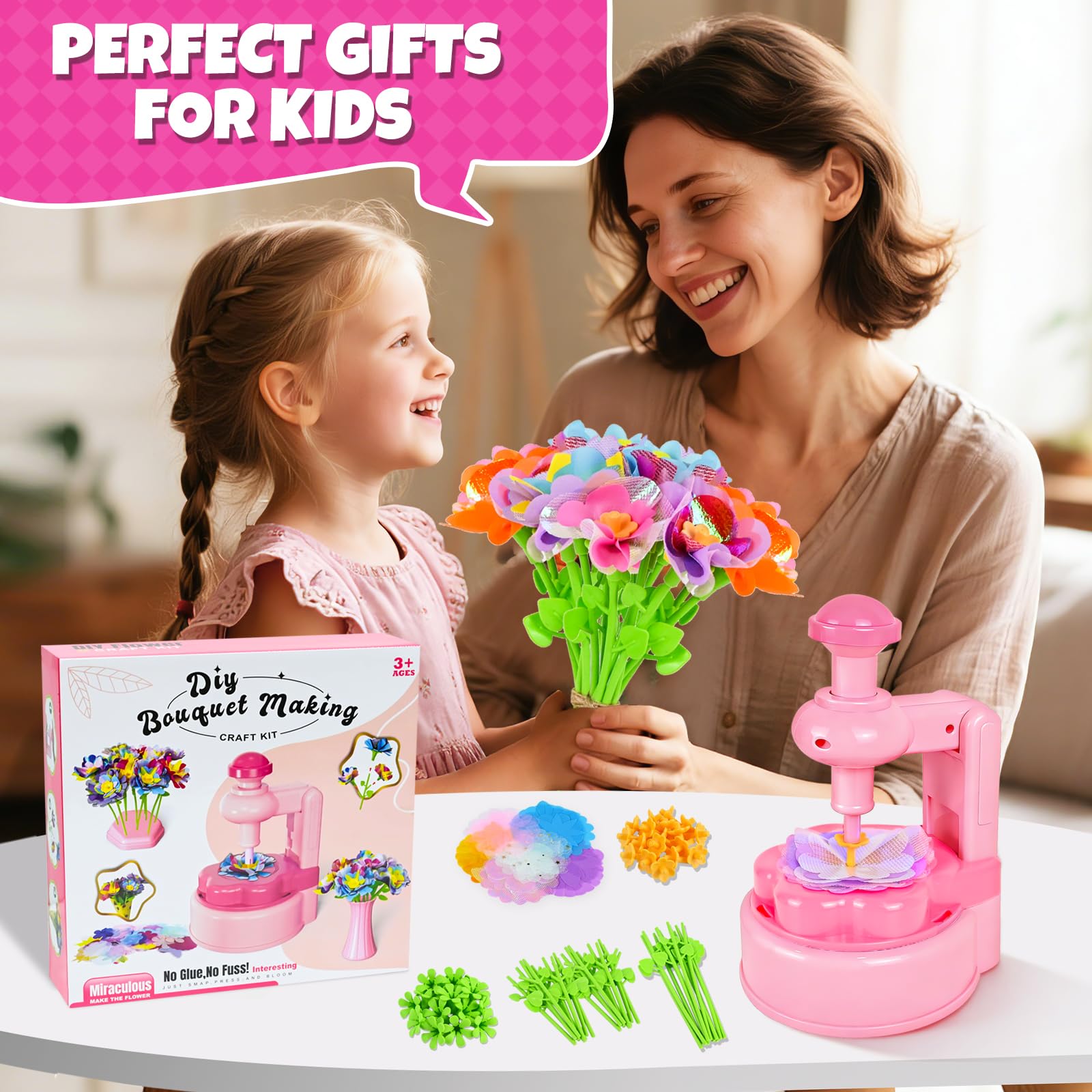 Joellfuner Fabrique de Fleurs Enfant, Kit de Bouquet de fleurs DIY pour Enfants, Création Bouquet de Fleurs avec Machine à Fleurs, Jouet Fleurs Activité Manuelle Enfant Fille 3 4 5 6 7 Ans, Rose