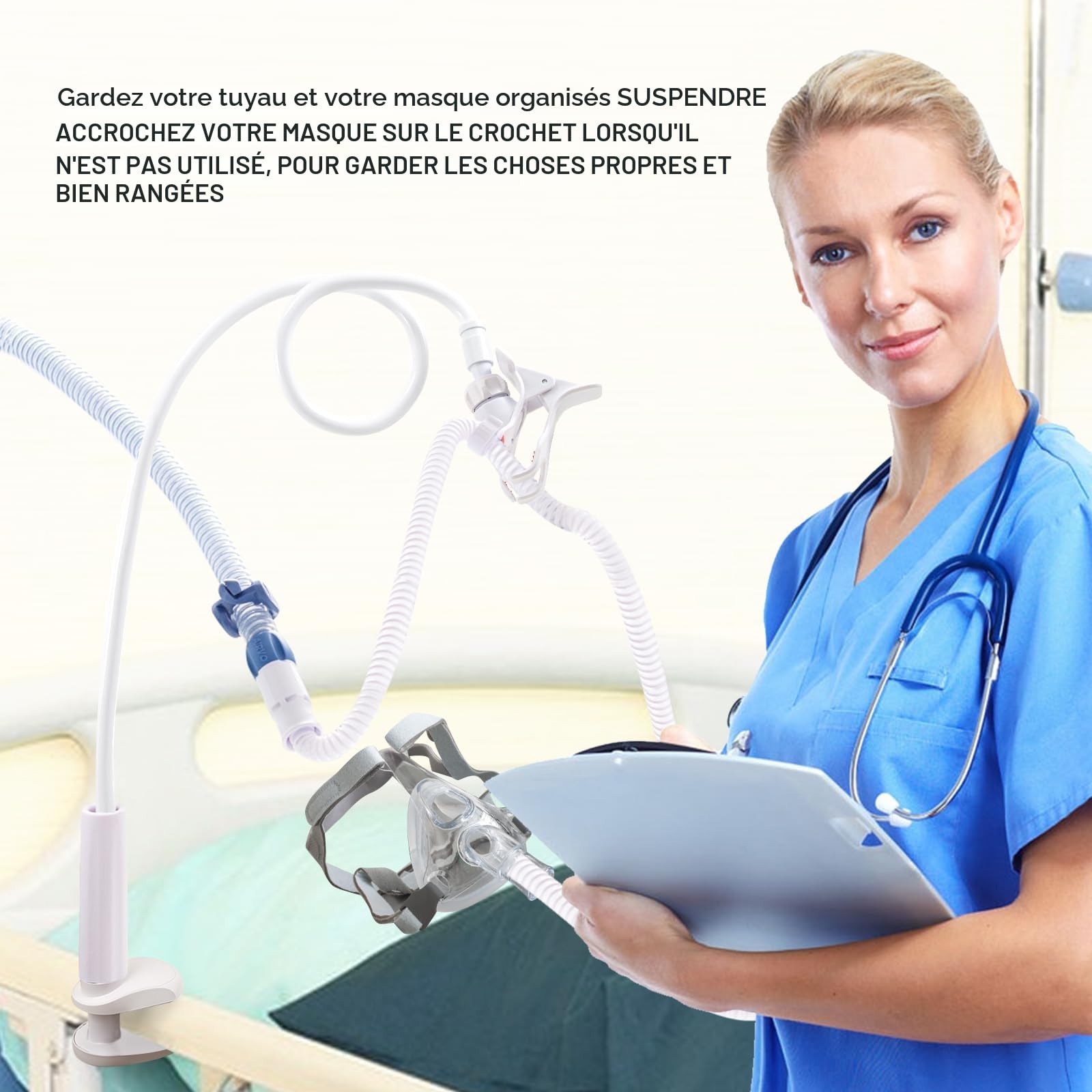 Soutien et support pour tuyau CPAP, support de tuyau CPAP pour éviter les fuites et les enchevêtrements de tuyau CPAP, flexible, pour s’adapter à n’importe quelle pièce, réglable et robuste