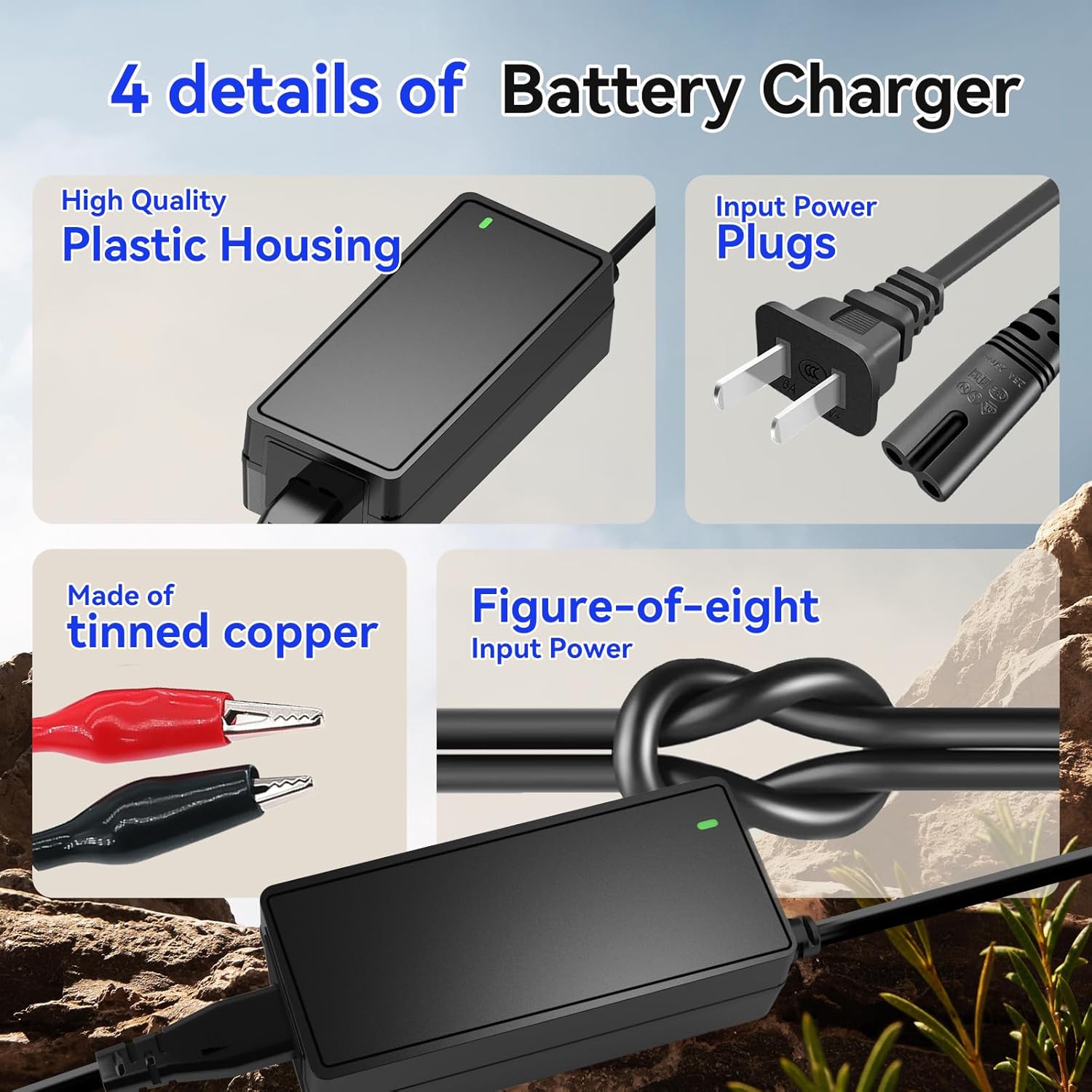 WattCycle 12V 5A Intelligent Float Charger - Battery Charger for All Battery Types, Sparkless Technology, Lightweight - Protects Li-Ion Batteries with Efficient Charging
