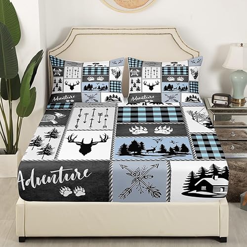 Miniatura 3 de Deer Bear - Juego de sábanas para niños, tamaño individual, juego de ropa de cama rústica de aventura de caza para niños, niñas y adultos,