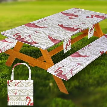 Picnic Table Cover with Bench Covers Vinyl Elastic Edges Fitted Rectangle Tables Seat Waterproof 3-Piece 96X30in Set Outdoor Rectangular Folding Backing Tablecloth for Camping Over Size White Flamingo
