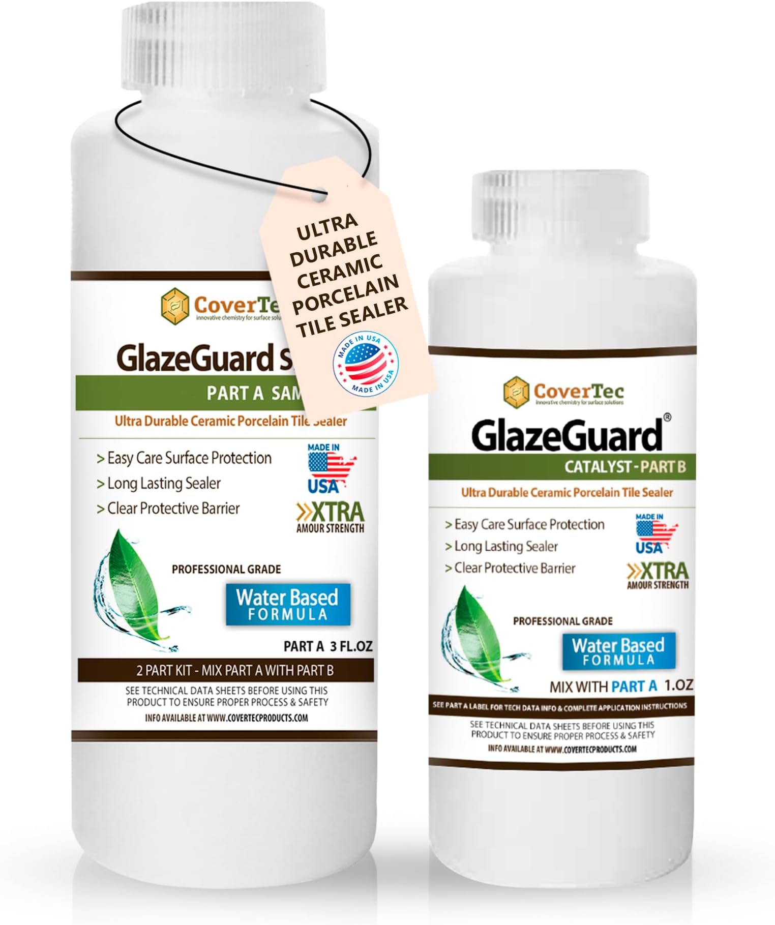 GlazeGuard Satin Grout Sealer & Tile Sealer for Ceramic & Porcelain – Clear Water-Based 2-Part Polyurethane, Shower & Floor Sealant, 4 oz Sample Kit