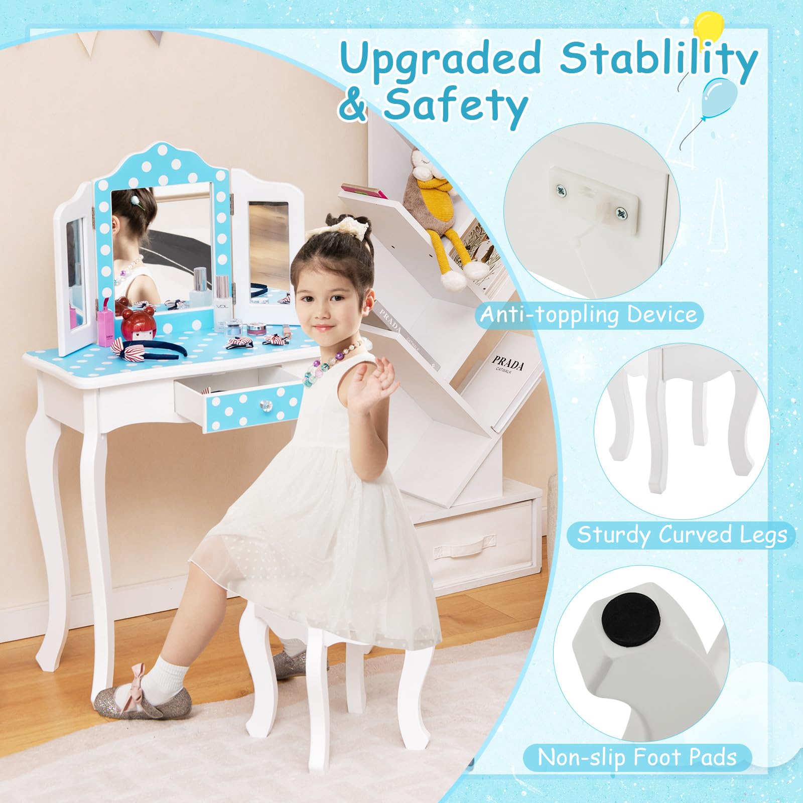 RELAX4LIFE Toeletta Trucco per Bambina, Specchiera Trucco con Sgabello e Cassetto, Toeletta in Legno, Specchio Rimovibile, per Bambini 3+ Anni (60 x 27,5 x 97,5 cm, Pois Blu)