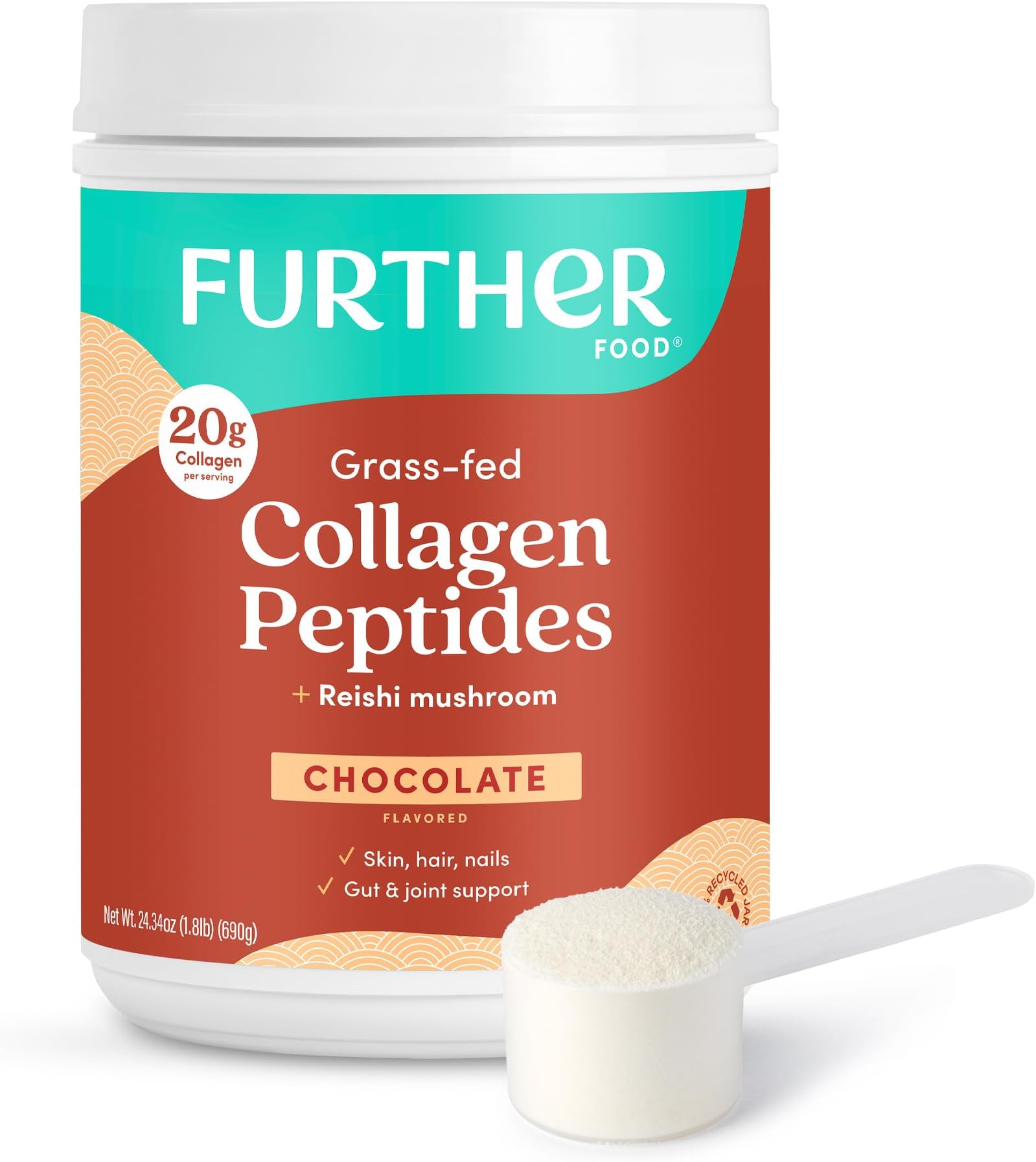 Chocolate Collagen Peptides Powder with Reishi Mushroom - 100% Grass-Fed, Hydrolyzed Type 1 & 3, 20g of Collagen per Serving, Supports Skin, Hair, Nails & Joints, 24.34 Oz