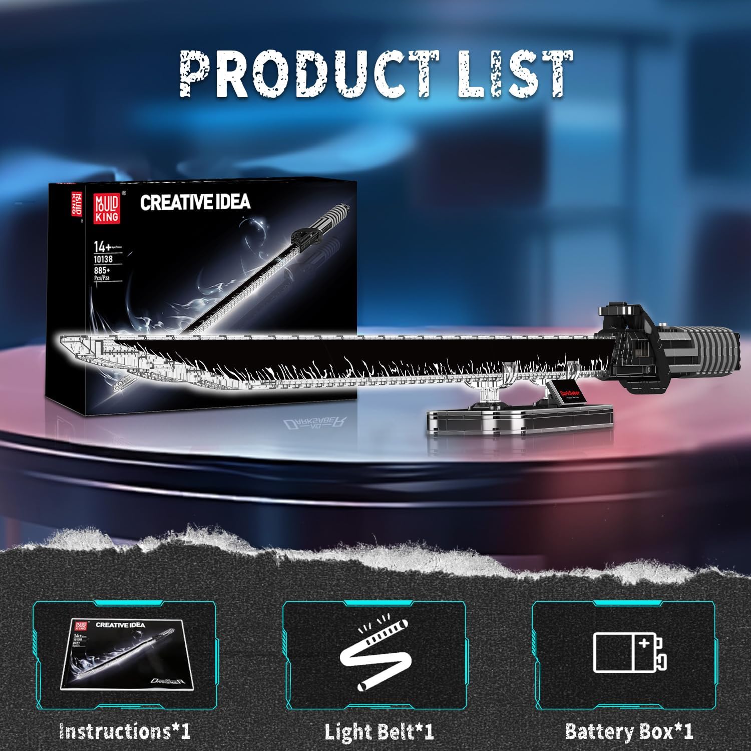 Mould King Dark Sword Building Set - 45.67" Rechargeable LED Lightsaber with Display Stand, DIY Assembly STEM Model Kit for Adults, Creative Collectible Sci-Fi Toy & Cosplay Gift Idea (885+ PCS)