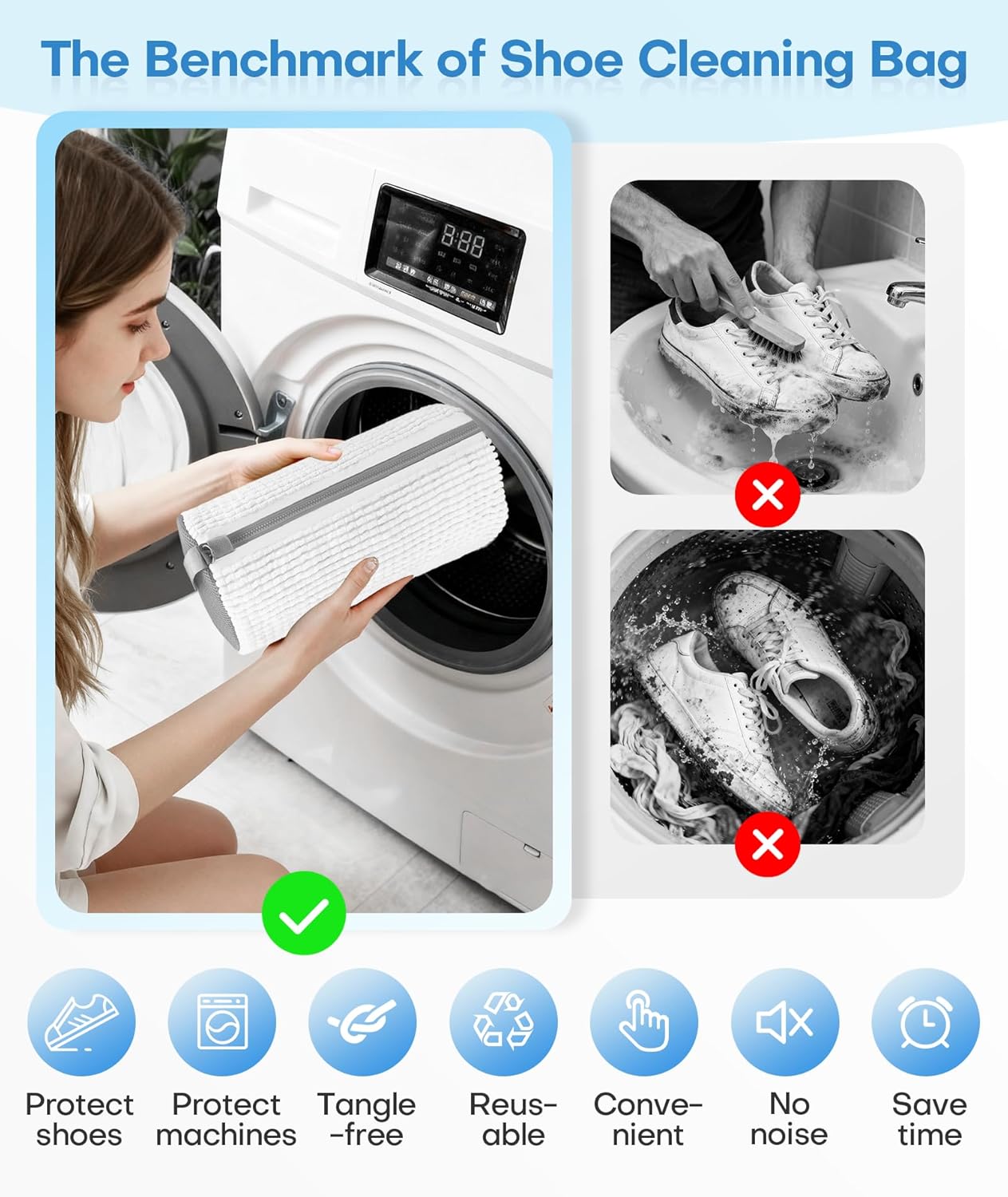 3-IN-1 Laundry & Shoe Washing Machine Bag Kit : Laundry Shoe Bag for Washer and Dryer,Reusable Shoe Cleaning Bag for Sneakers,Tennis,Self-locking Zipper & Microfiber,Include 3 Laundry Bag & 2 Shoe Bag - Image 6