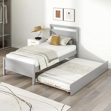 KOMFOTT Twin Bed Frame with Trundle, Wood Bed Frame with Pull-Out Trundle, Headboard & Footboard, Wooden Slat Support, No Box Spring Needed, Mattress Foundation Grey